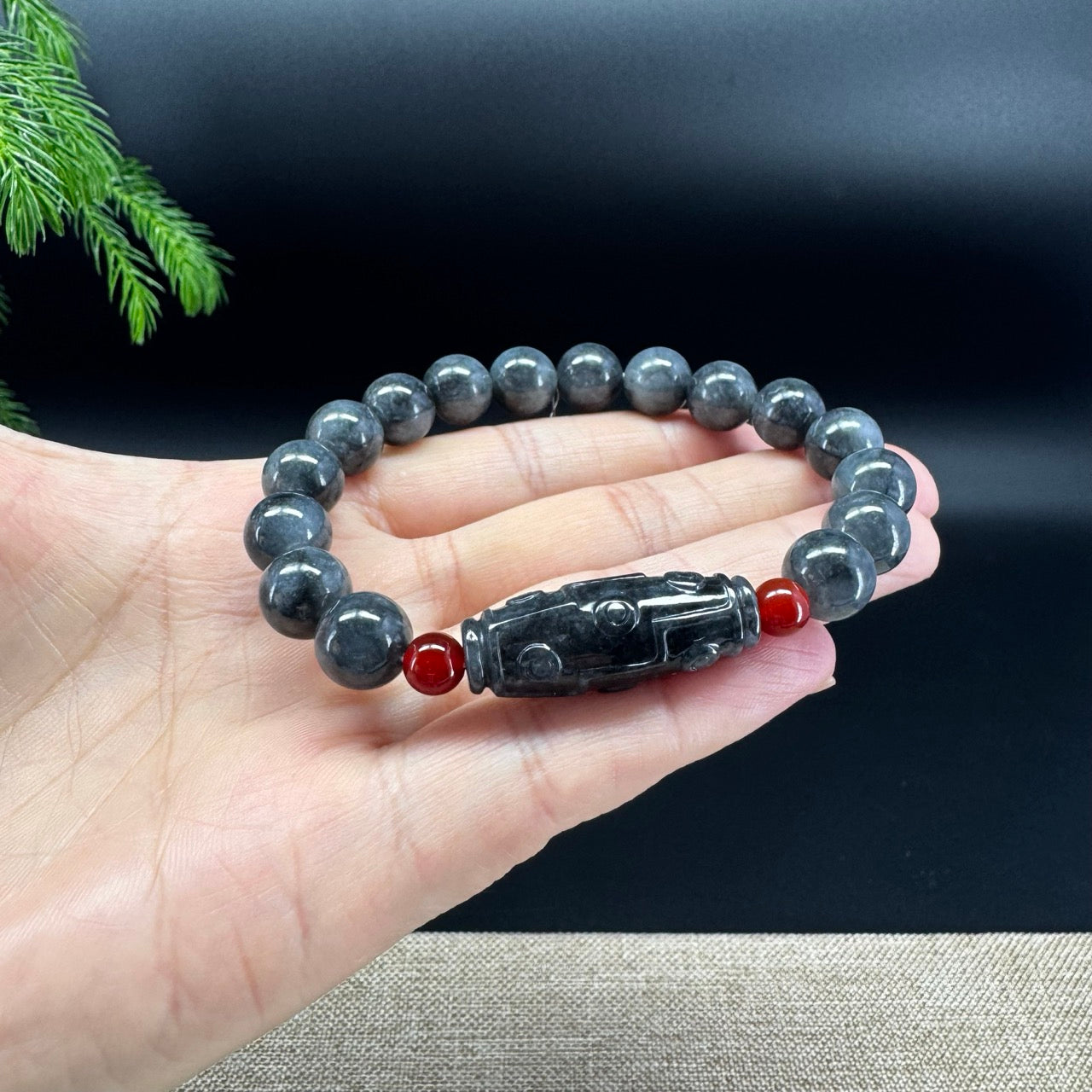 RealJade® Co. Genuine Jadeite Jade Round Wuji Dzi Beads Bracelet (10mm)