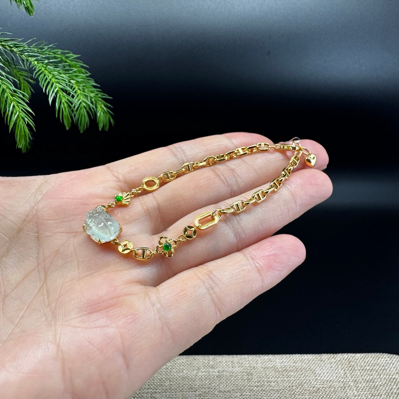 18K Yellow Gold Bracelet Set With Icy Green Jadeite Jade Pixiu