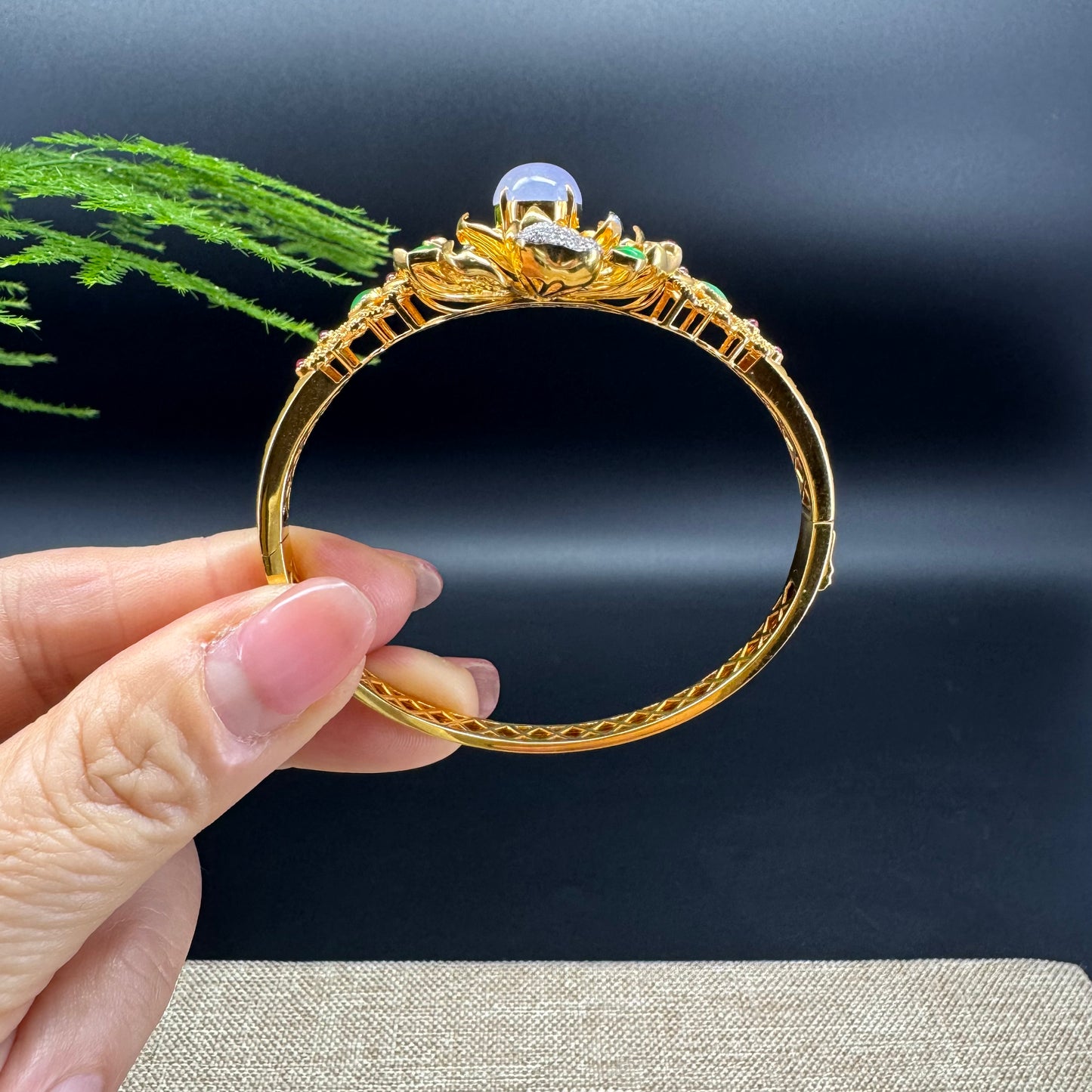 RealJade Luxury 18K Yellow Gold Genuine Multicolor Jadeite Jade Bracelet With Diamonds