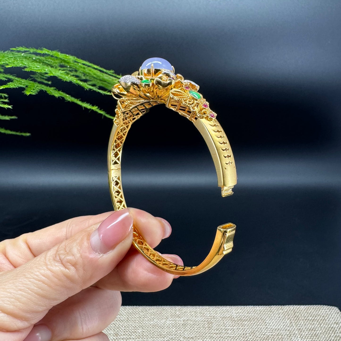 RealJade Luxury 18K Yellow Gold Genuine Multicolor Jadeite Jade Bracelet With Diamonds