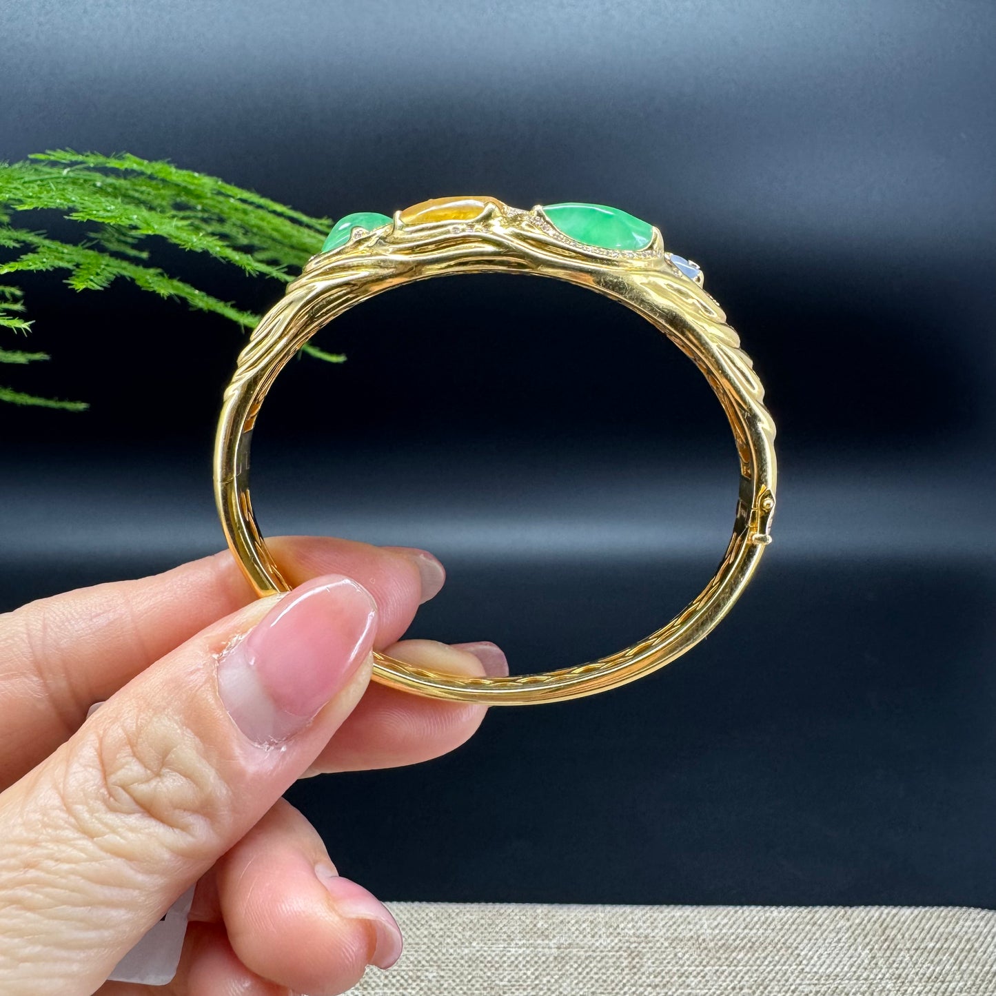 RealJade Luxury 18K Yellow Gold Genuine Multicolor Jadeite Jade Bracelet With Diamonds