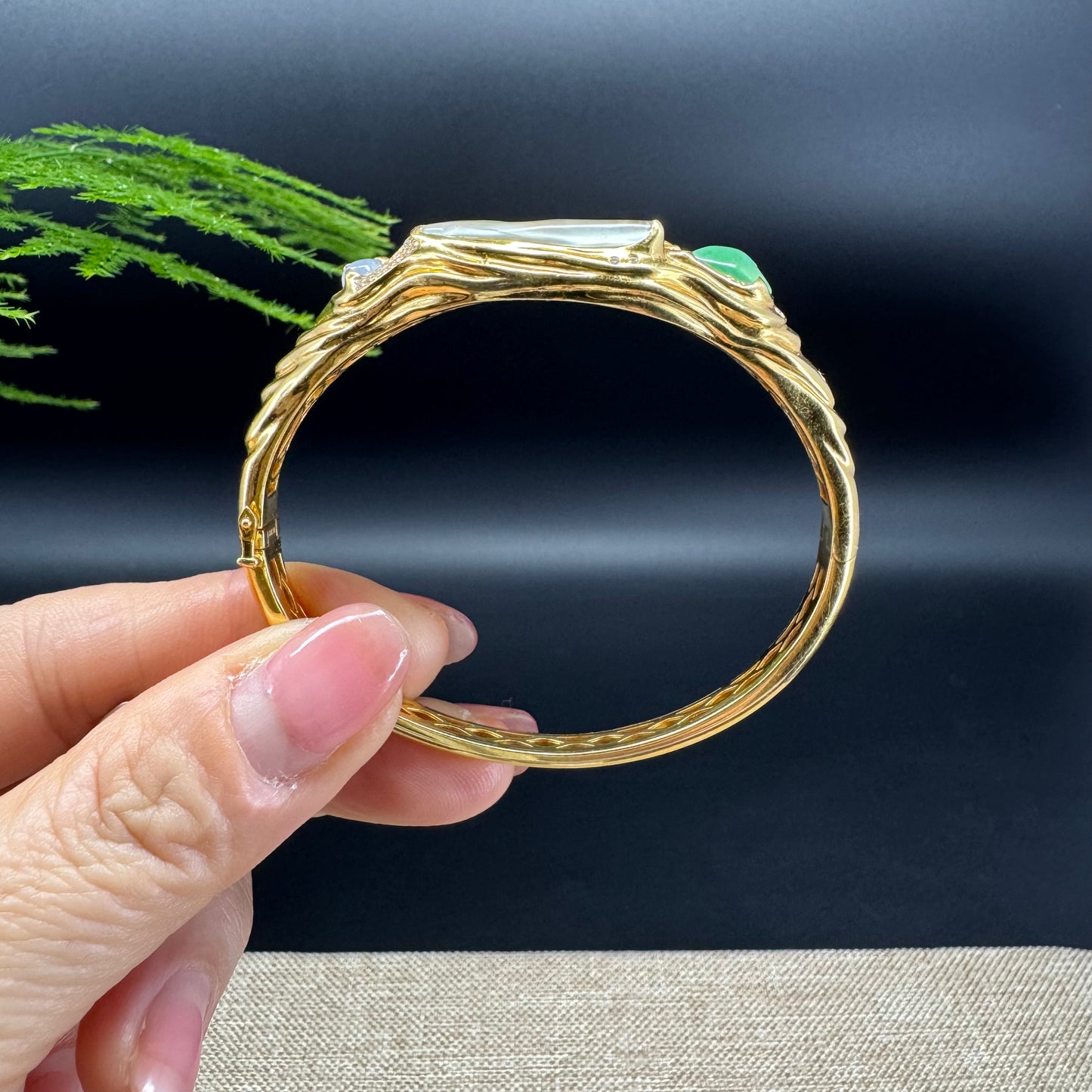 RealJade Luxury 18K Yellow Gold Genuine Multicolor Jadeite Jade Bracelet With Diamonds
