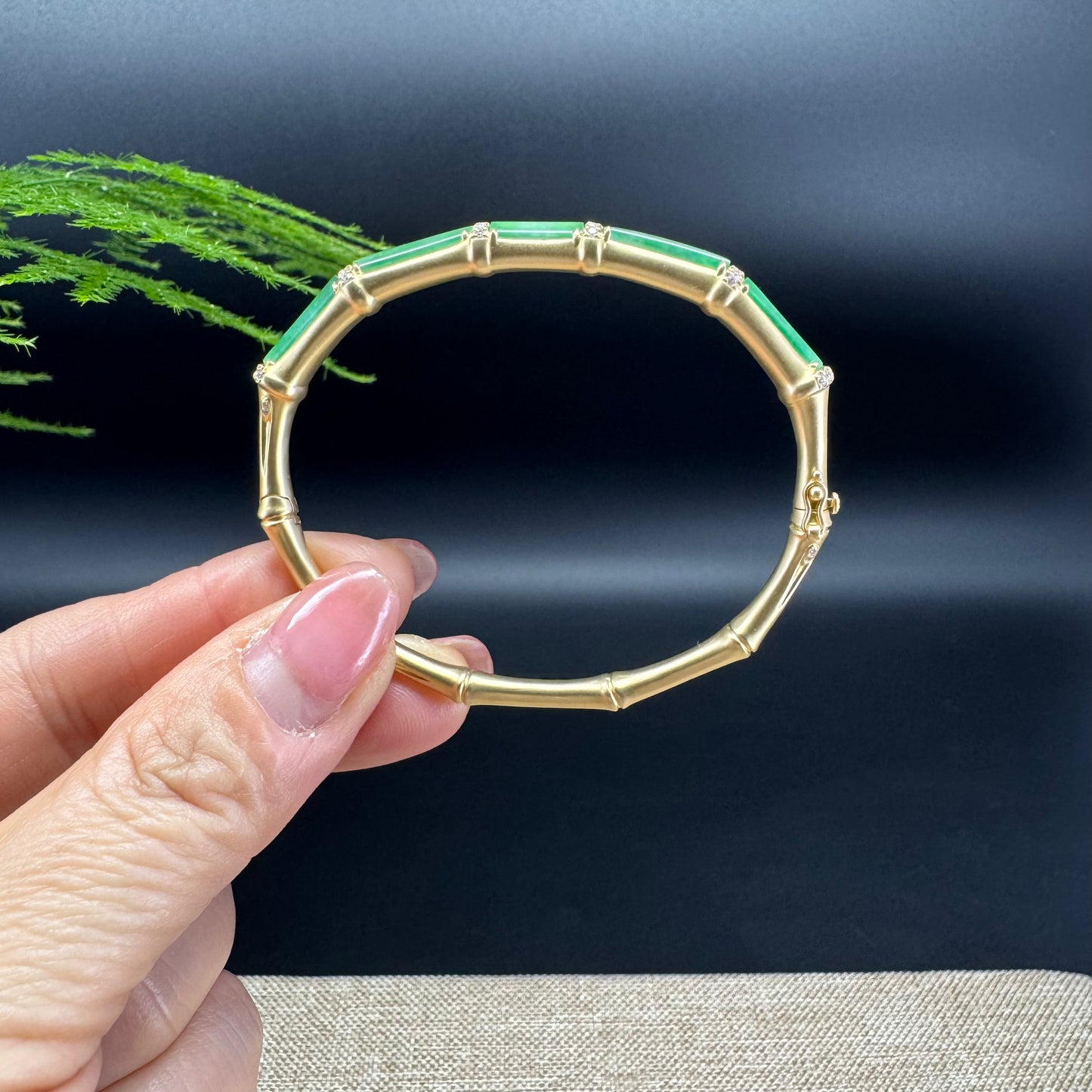 RealJade Luxury 18K Yellow Gold Genuine Green Jadeite Jade Bamboo Bangle