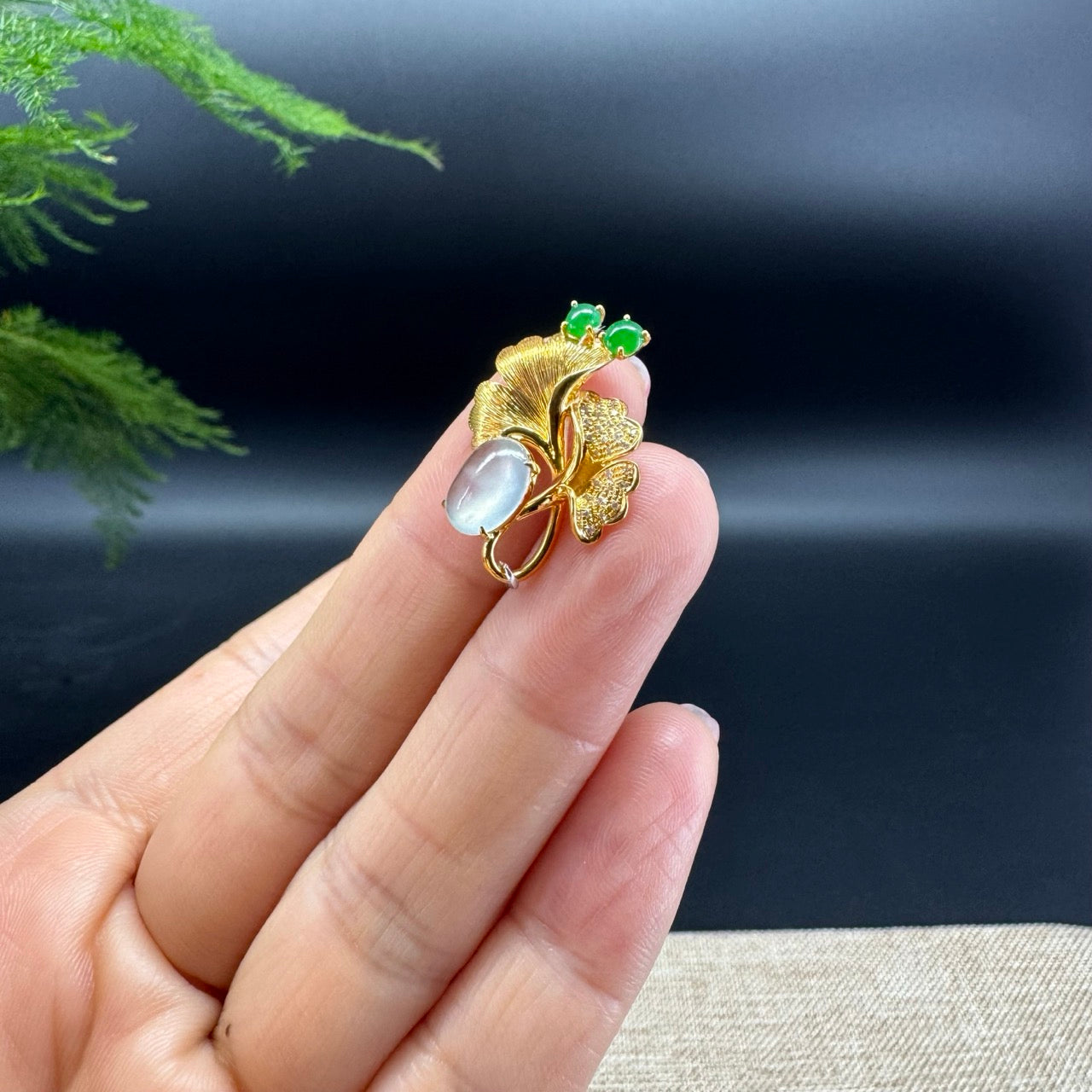 RealJade® "Ginkgo Leaf" 18K Yellow Gold Icy Jade Classic Pendant&Brooch Necklace