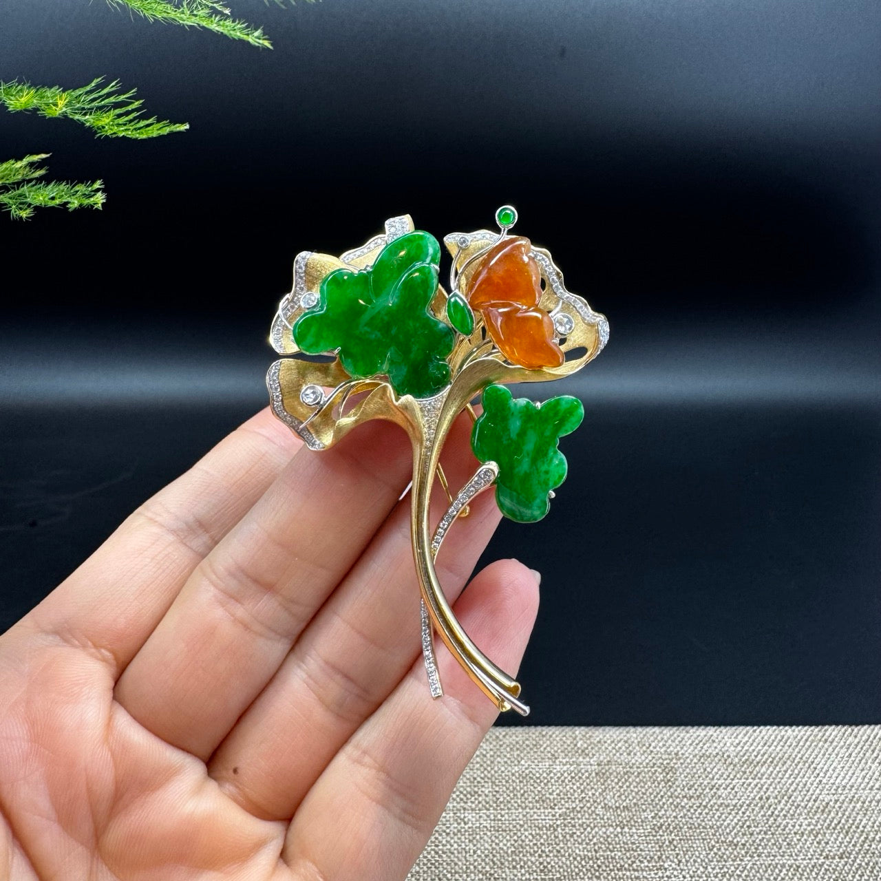 RealJade® "Ginkgo Leaf" 18K Yellow Gold Imperial Green & Red Jadeite Jade Brooch