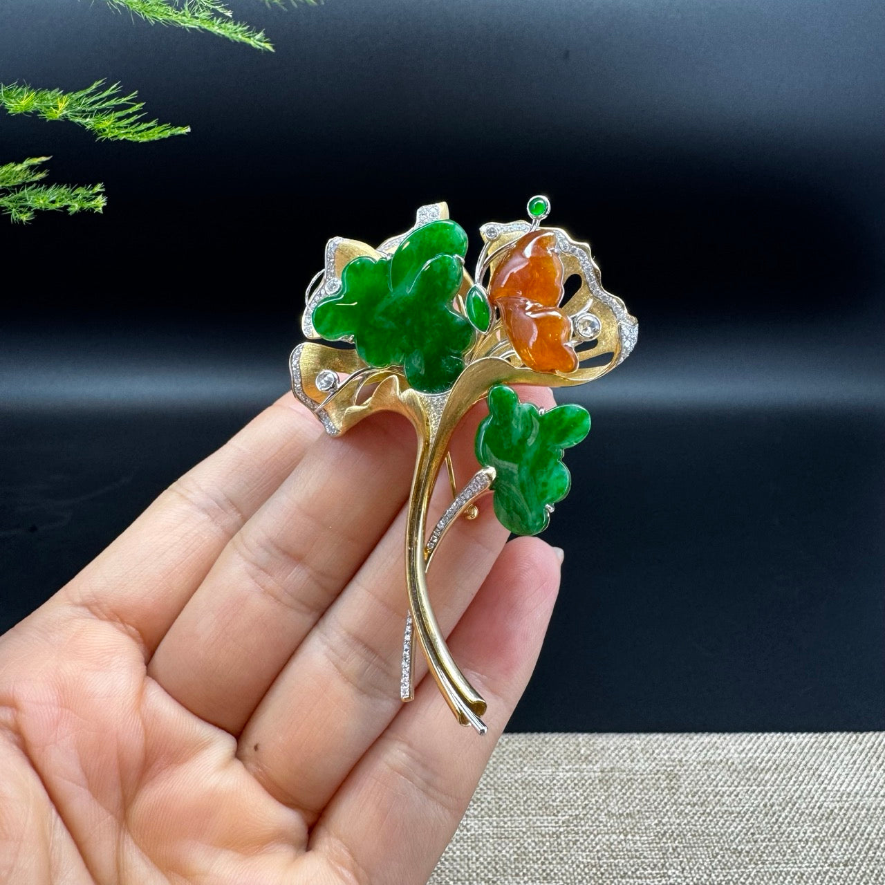 RealJade® "Ginkgo Leaf" 18K Yellow Gold Imperial Green & Red Jadeite Jade Brooch