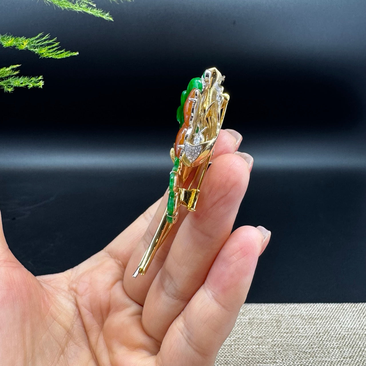RealJade® "Ginkgo Leaf" 18K Yellow Gold Imperial Green & Red Jadeite Jade Brooch
