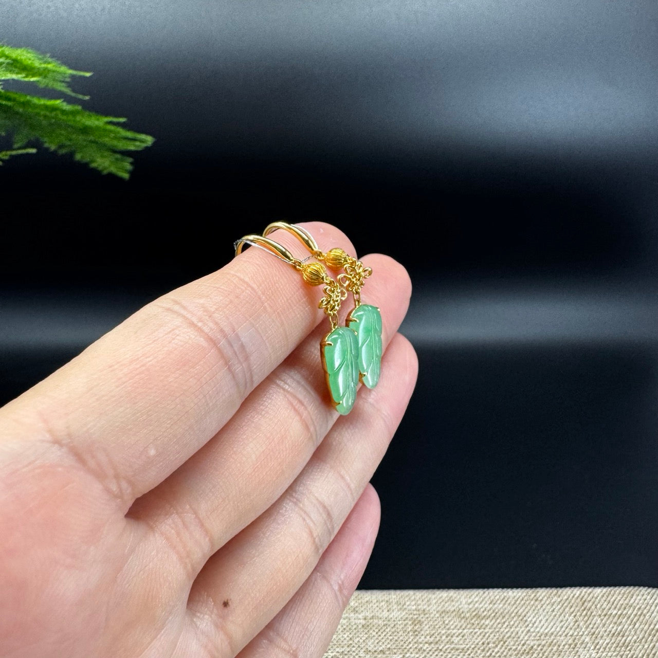 18k Yellow Gold Genuine Apple Green Jadeite Jade Leaf Earrings