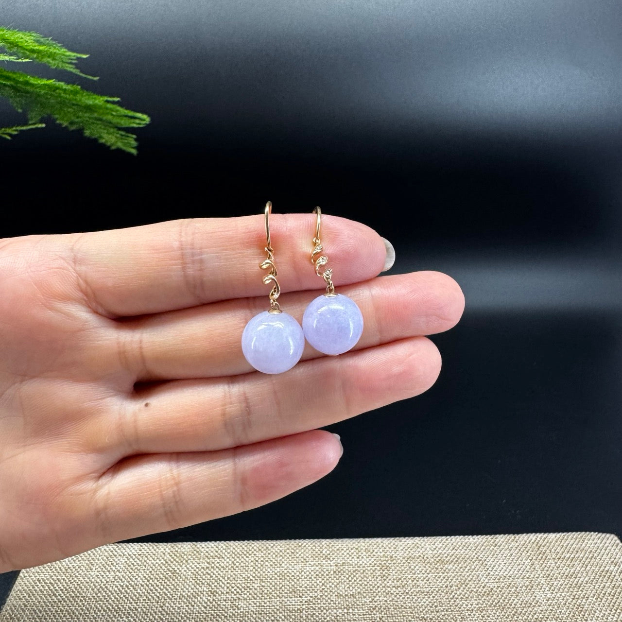 18k Rose Gold Genuine Lavender Bead Jadeite Jade Diamonds Earrings