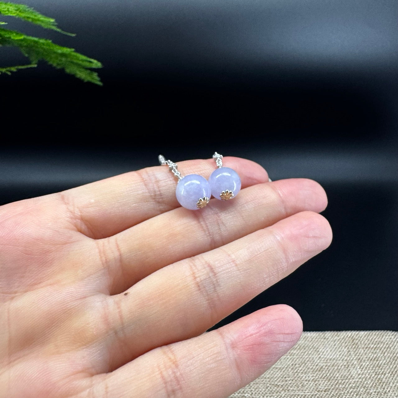 18k White Gold Genuine Lavender Bead Jadeite Jade Diamonds Earrings
