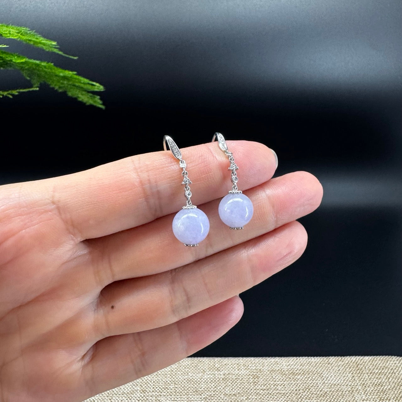 18k White Gold Genuine Lavender Bead Jadeite Jade Diamonds Earrings