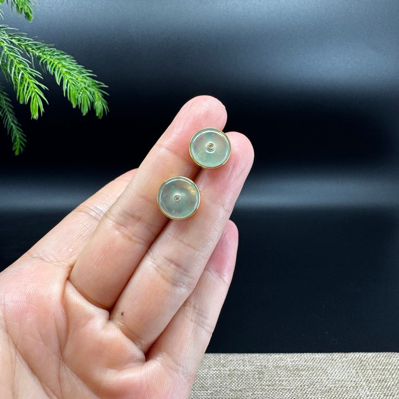 18k Yellow Gold Genuine Light Green Koukou Jadeite Jade Stud Earrings