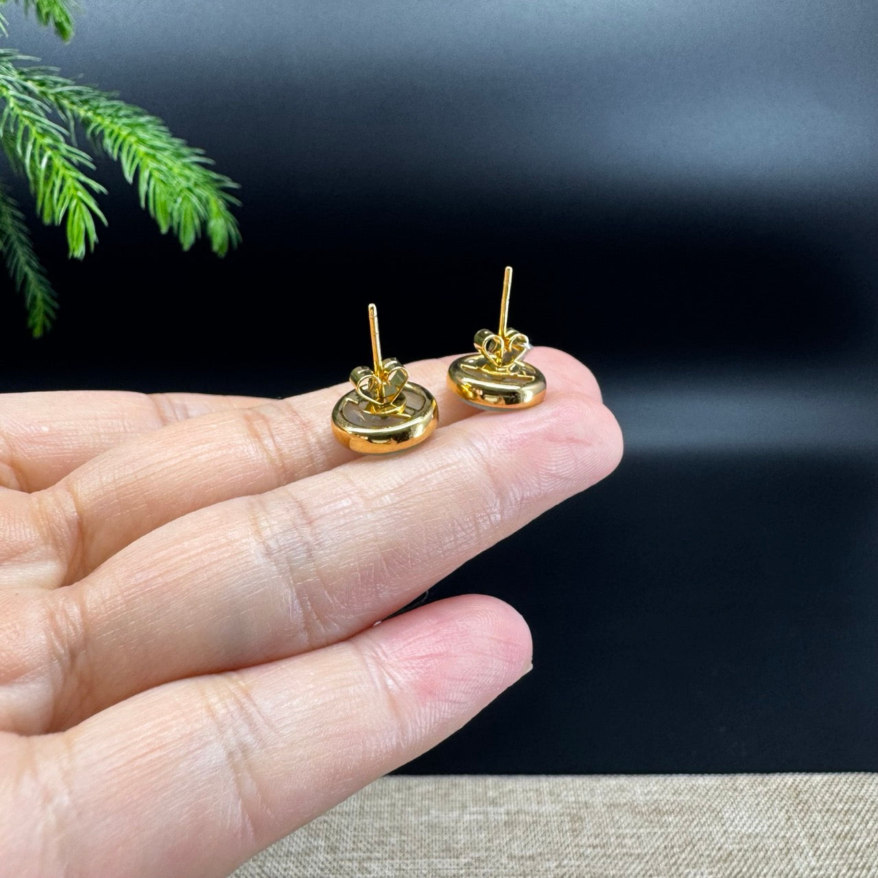 18k Yellow Gold Genuine Light Green Koukou Jadeite Jade Stud Earrings