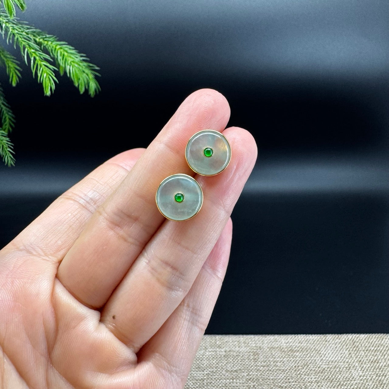18k Yellow Gold Genuine Light Green Koukou Jadeite Jade Stud Earrings