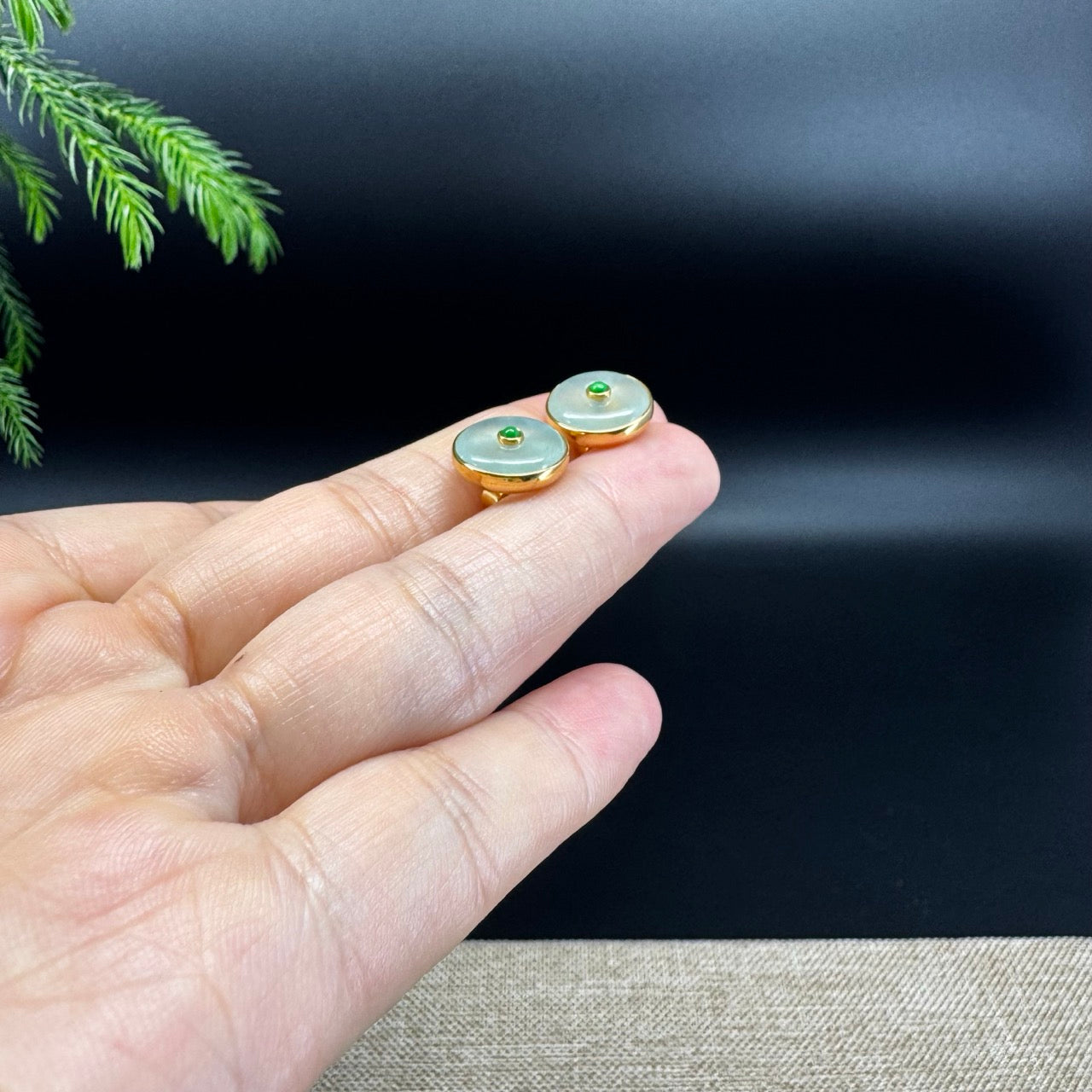 18k Yellow Gold Genuine Light Green Koukou Jadeite Jade Stud Earrings