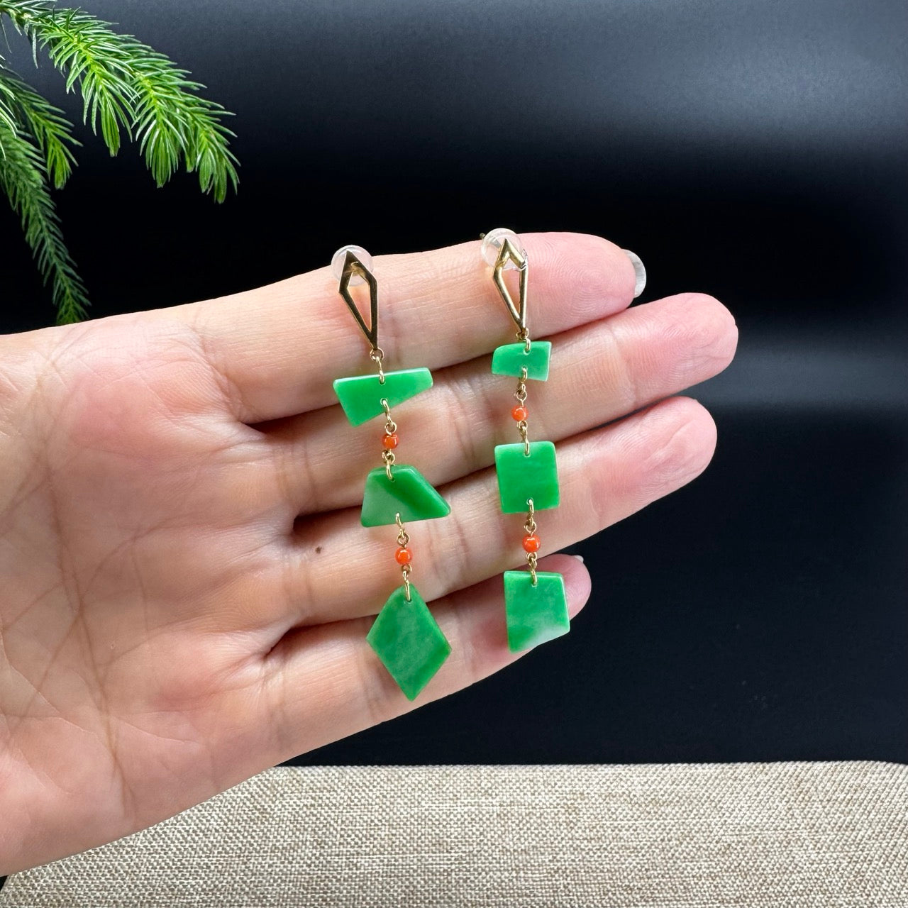 18k Yellow Gold Genuine Green Jadeite Jade Earrings