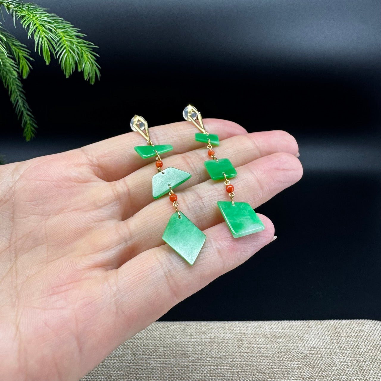 18k Yellow Gold Genuine Green Jadeite Jade Earrings