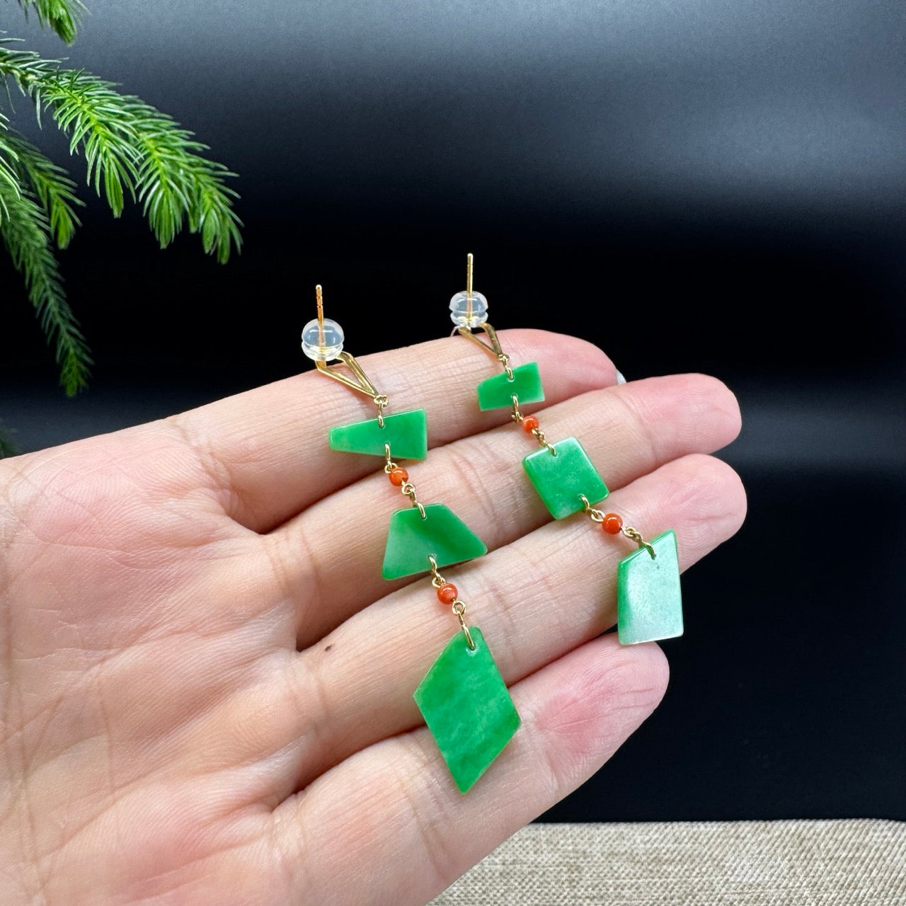 18k Yellow Gold Genuine Green Jadeite Jade Earrings