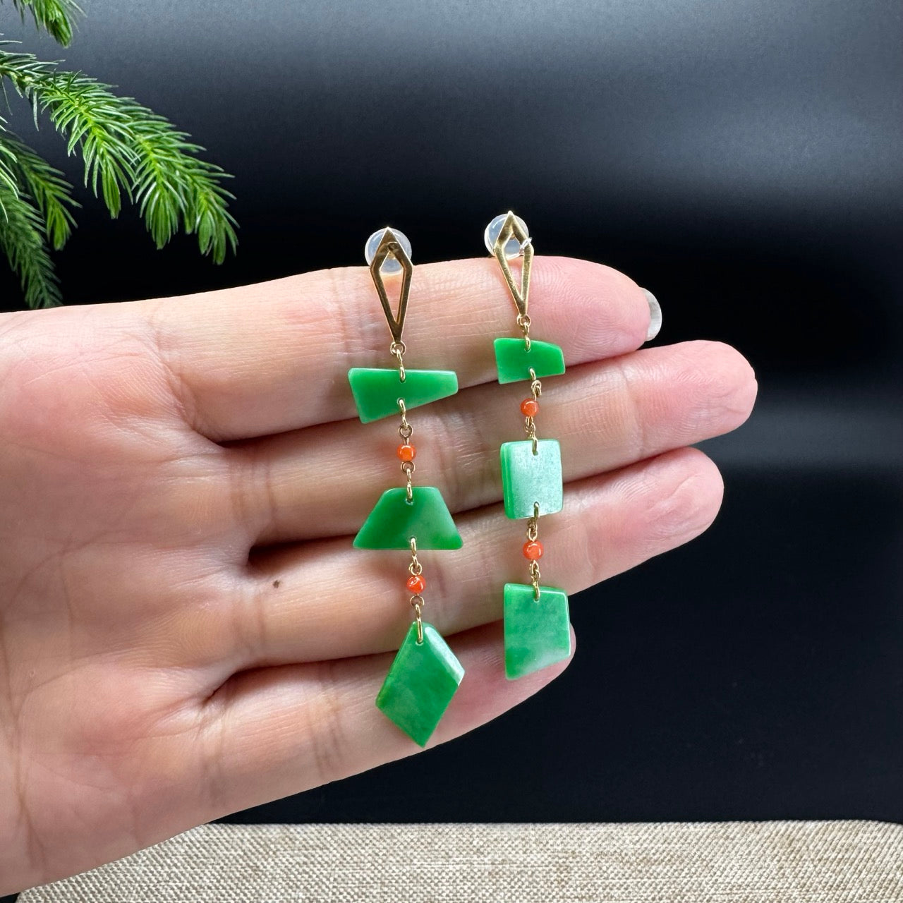 18k Yellow Gold Genuine Green Jadeite Jade Earrings