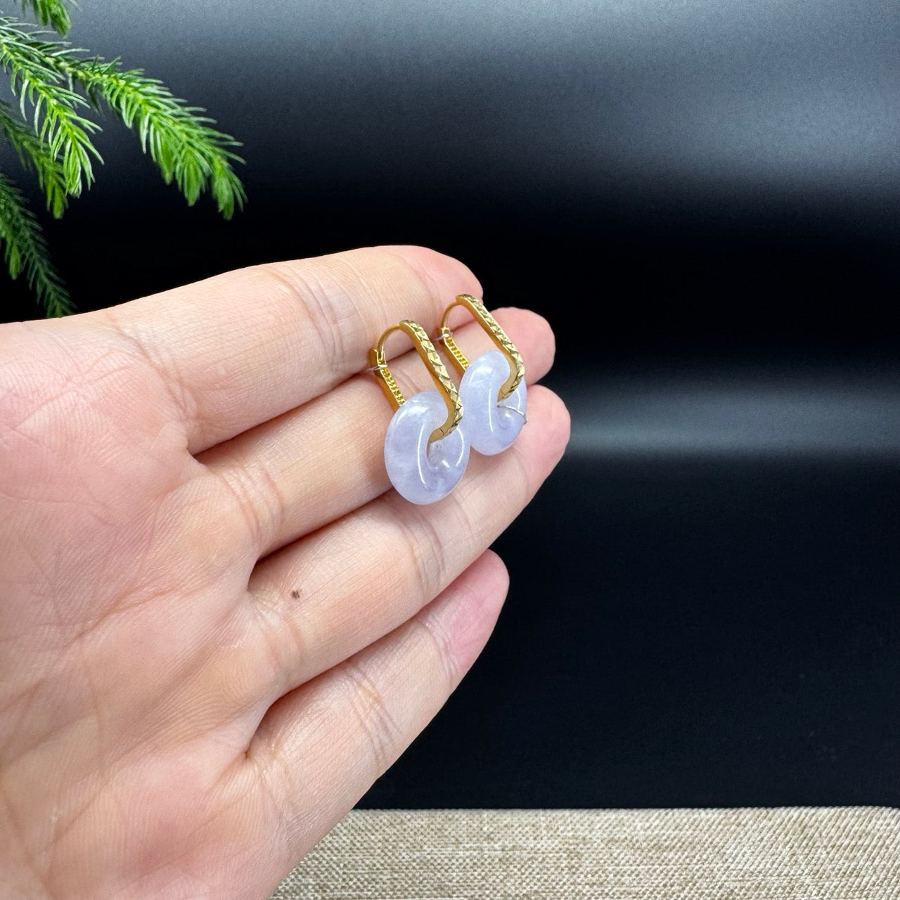 18k Yellow Gold Genuine Lavender Koukou Jadeite Jade Earrings