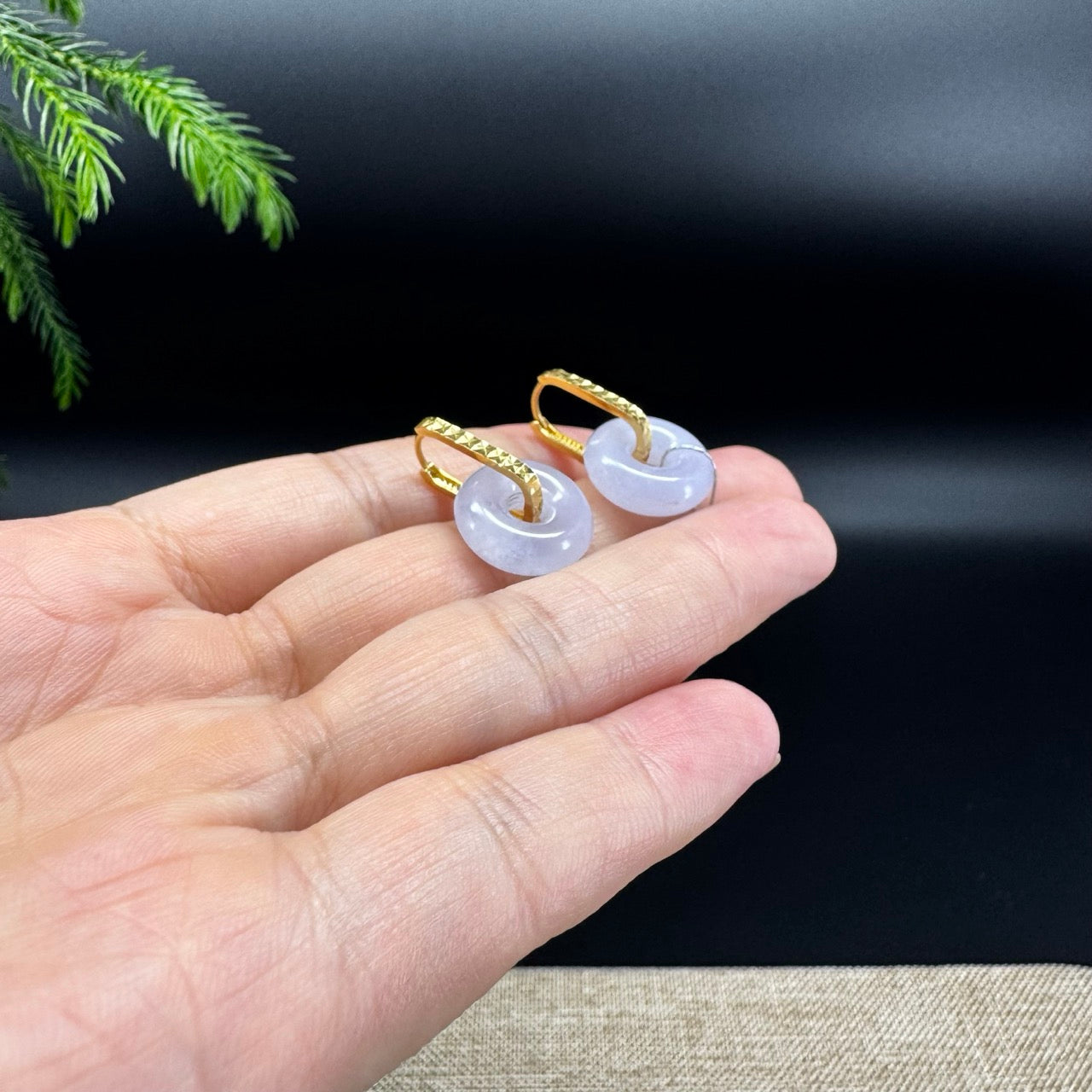 18k Yellow Gold Genuine Lavender Koukou Jadeite Jade Earrings