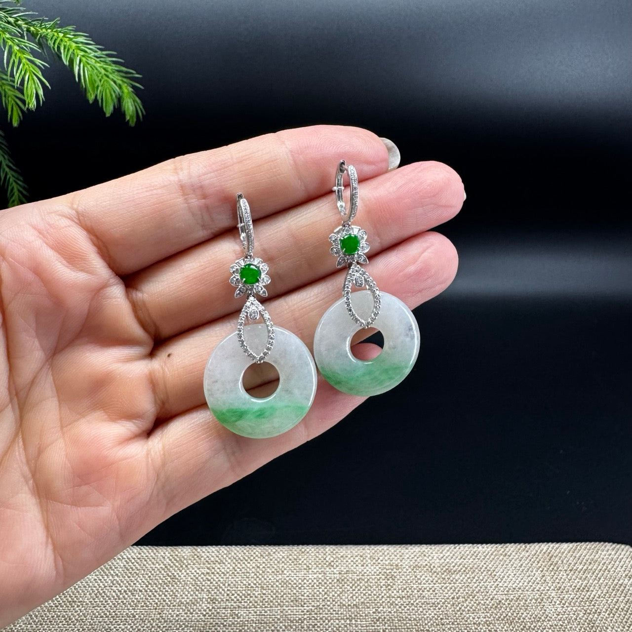 18k White Gold Genuine White Green(BDC) KouKou Jadeite Jade Earrings With Diamonds