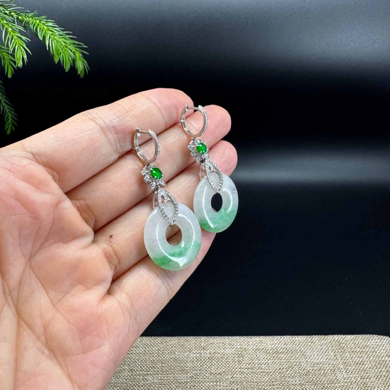 18k White Gold Genuine White Green(BDC) KouKou Jadeite Jade Earrings With Diamonds