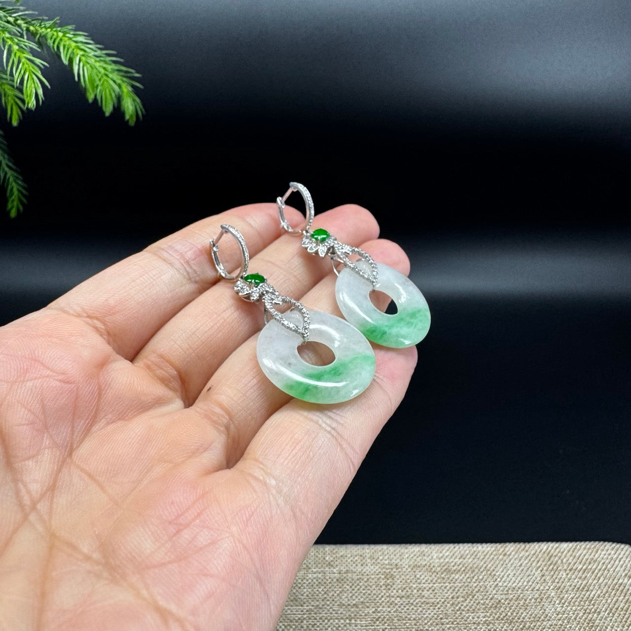 18k White Gold Genuine White Green(BDC) KouKou Jadeite Jade Earrings With Diamonds