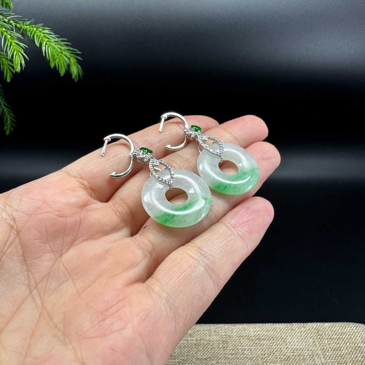 18k White Gold Genuine White Green(BDC) KouKou Jadeite Jade Earrings With Diamonds