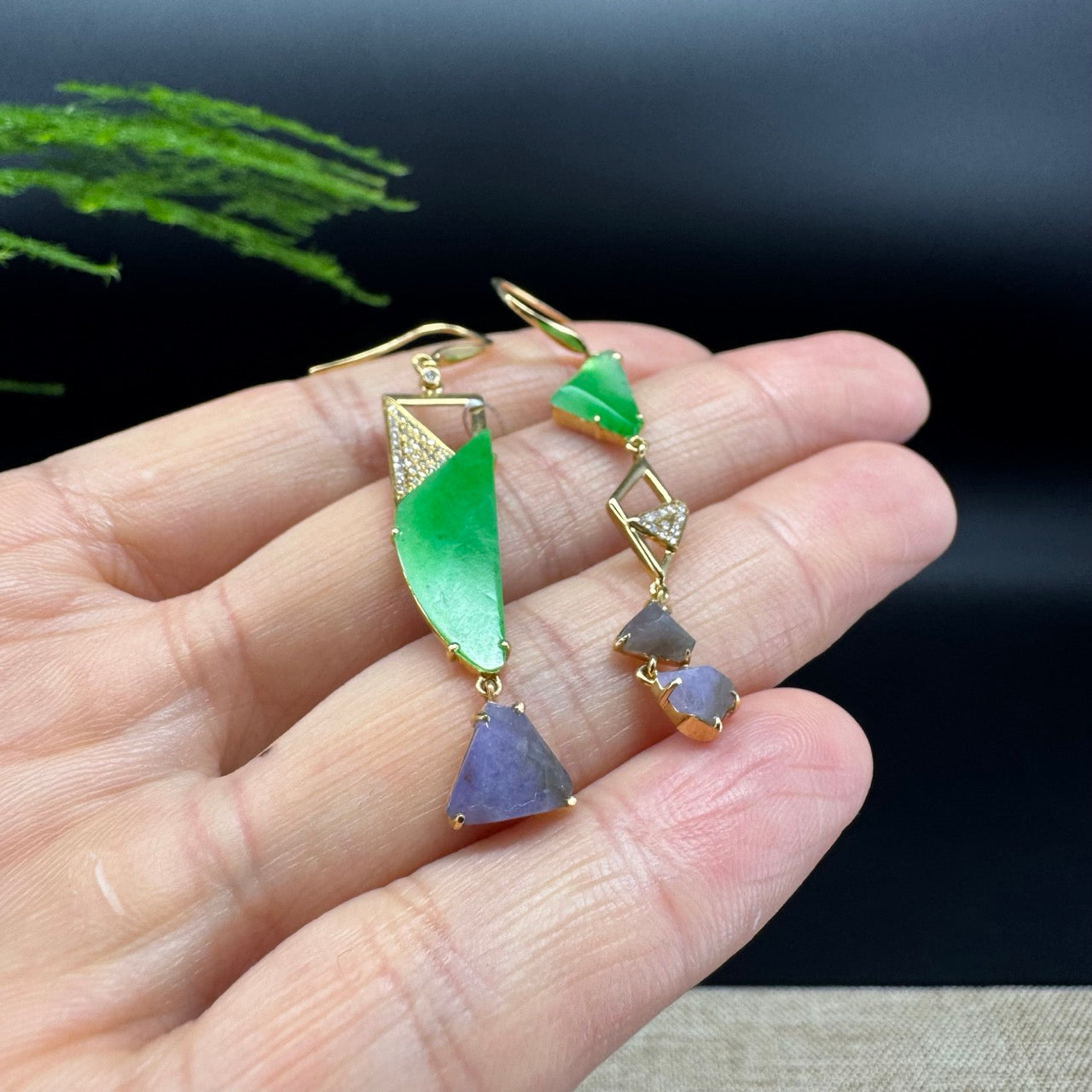 18k Yellow Gold Genuine Green&Lavender Jadeite Jade Earrings