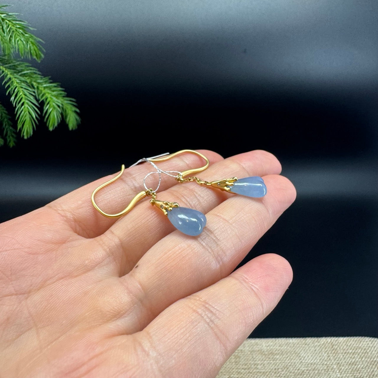 18k Yellow Gold Genuine Blue Lavender Jadeite Jade Melon Earrings