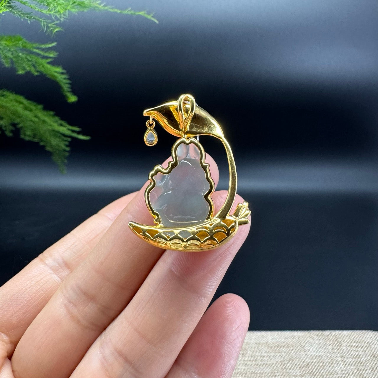 RealJade® 18k Yellow Gold Icy Jadeite Jade Rabbit & Carrot  Pendant Necklace with Diamond