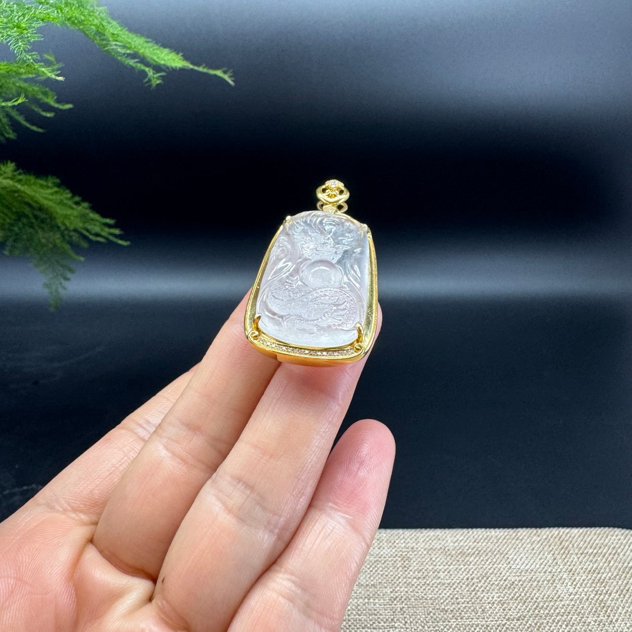 RealJade® Co. 18K Yellow Gold Genuine Icy Jadeite Jade Dragon Pendant With Diamonds