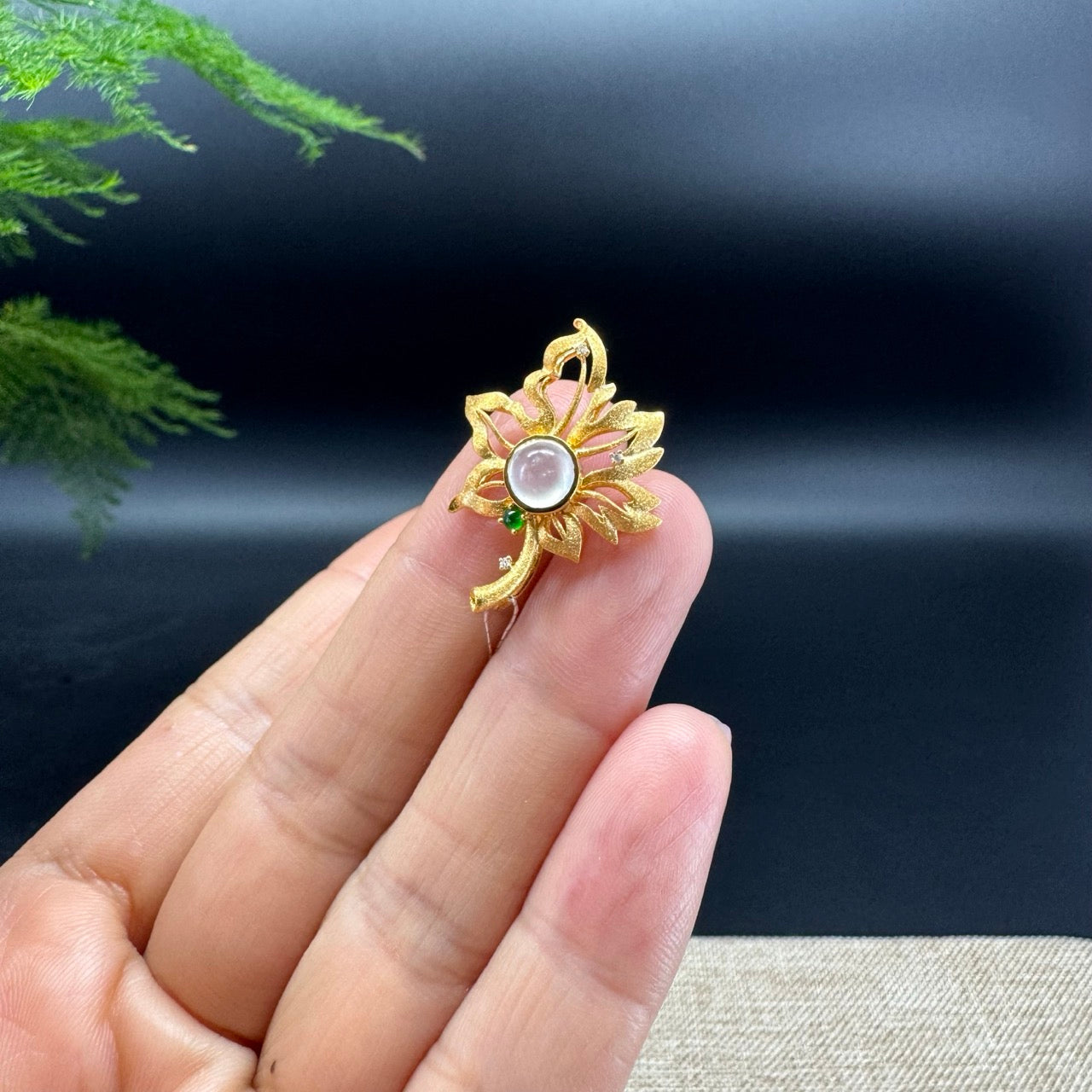 RealJade® "Maple Leaf" 18K Yellow Gold Icy Jadeite Jade Diamonds Pendant