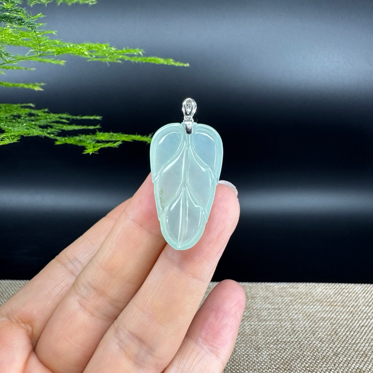 RealJade® Co. Genuine Ice Green Jadeite Jade Jin Zhi Yu Ye (Leaf) Necklace With 18K White Gold Bail