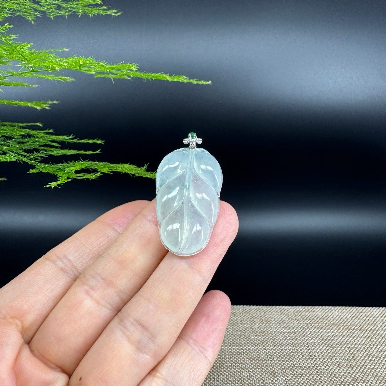 RealJade® Co. Genuine Ice Green Jadeite Jade Jin Zhi Yu Ye (Leaf) Necklace With 18K White Gold Bail
