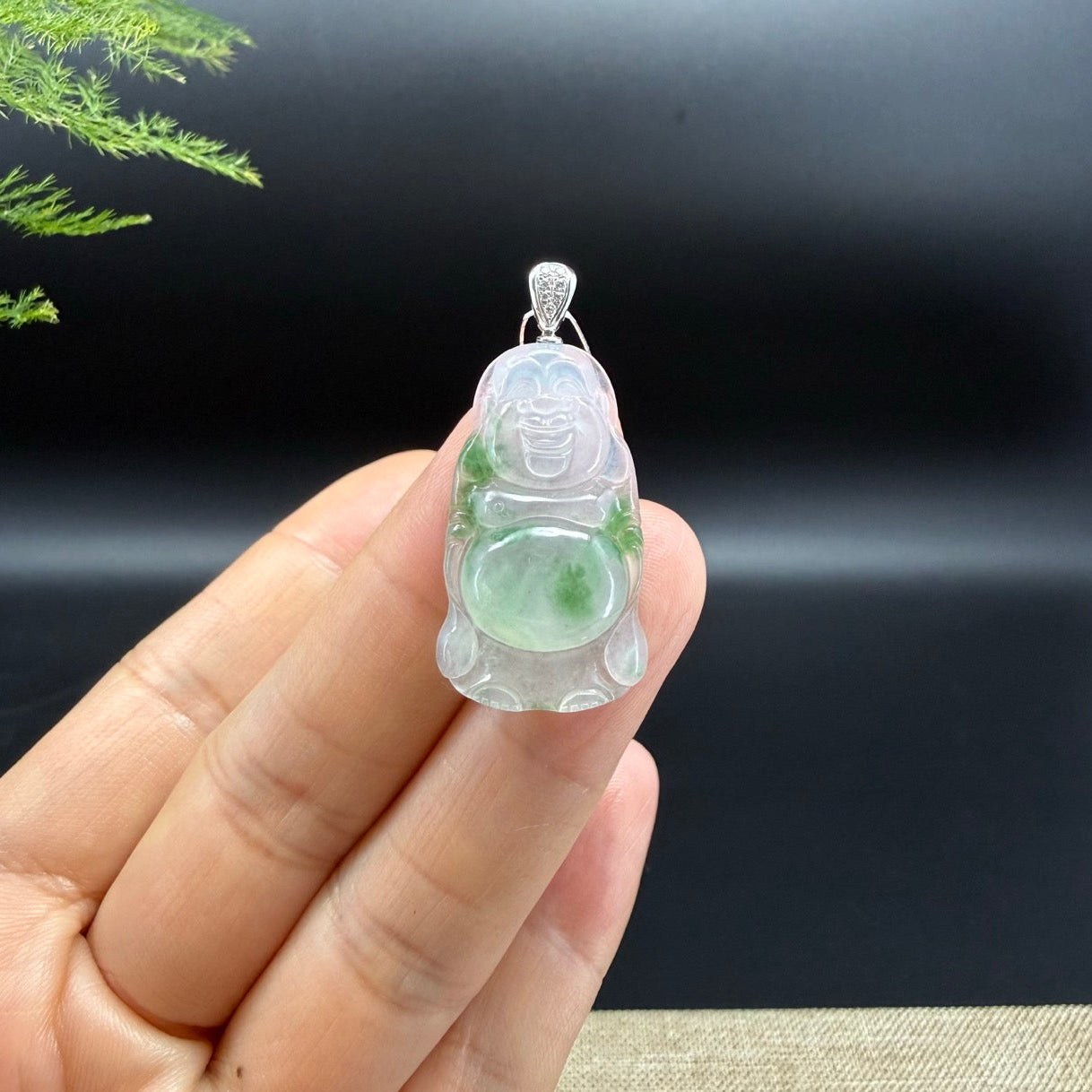 18K White Gold Burmese Icy Spicy Green Jadeite Jade Happy Buddha Pendant