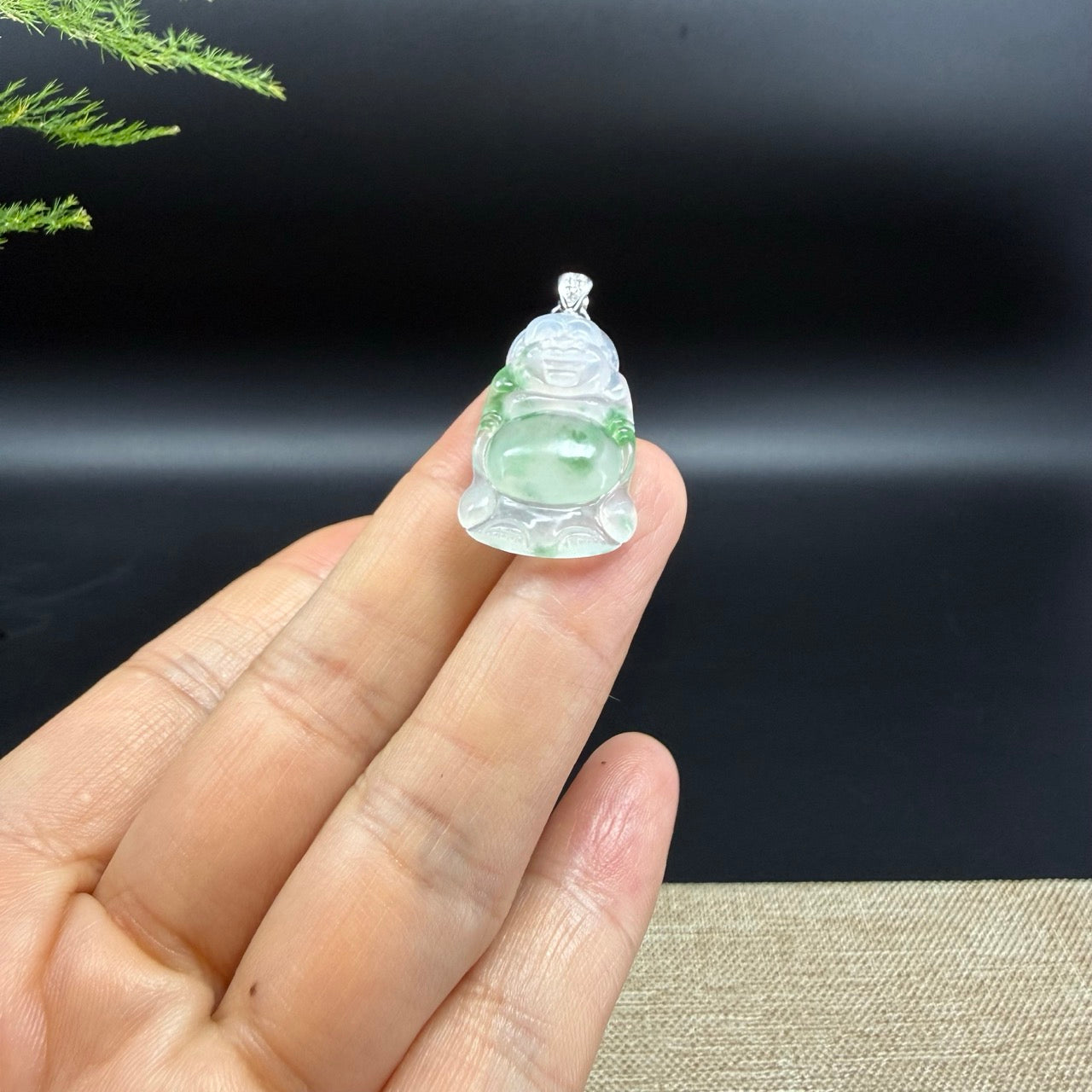 18K White Gold Burmese Icy Spicy Green Jadeite Jade Happy Buddha Pendant