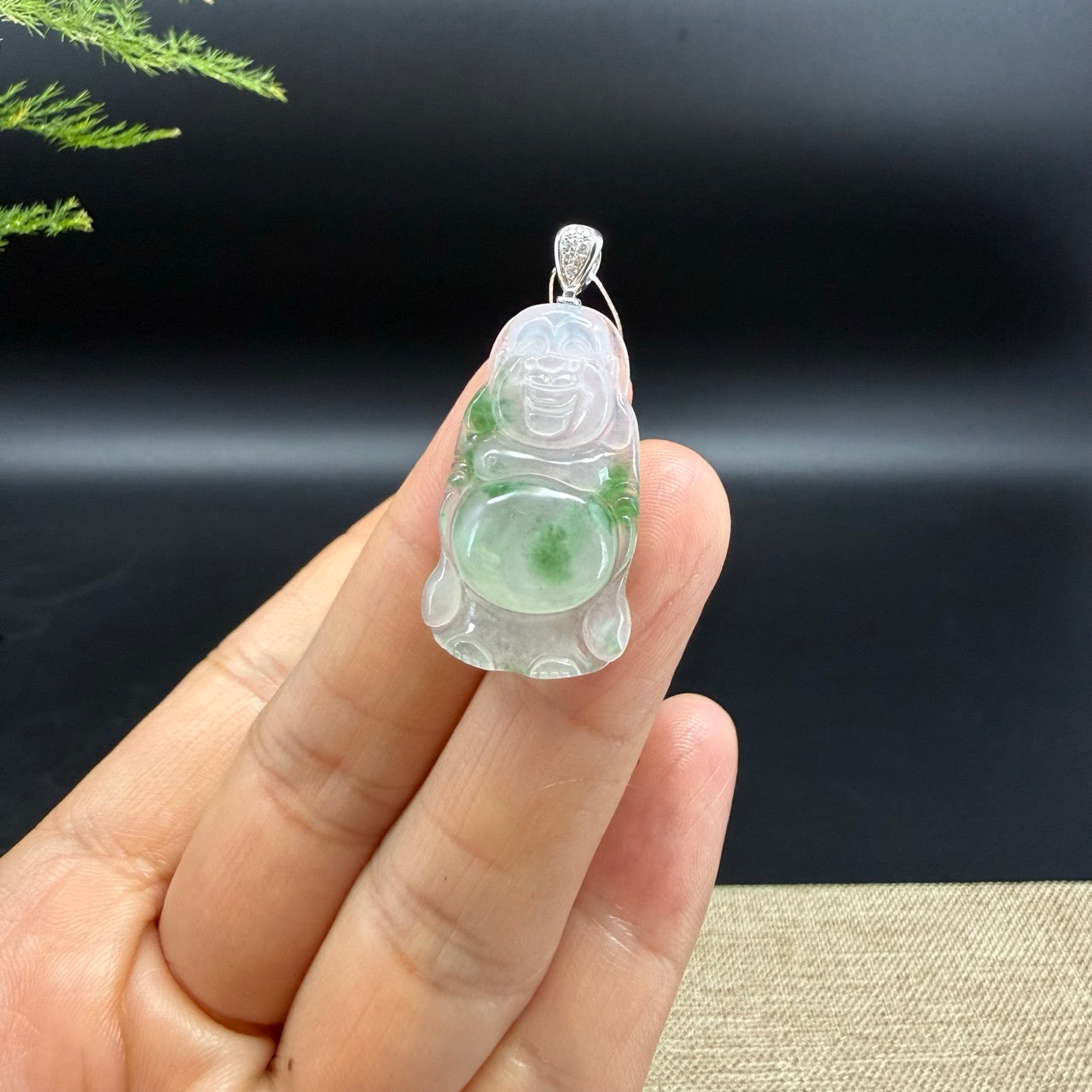 18K White Gold Burmese Icy Spicy Green Jadeite Jade Happy Buddha Pendant