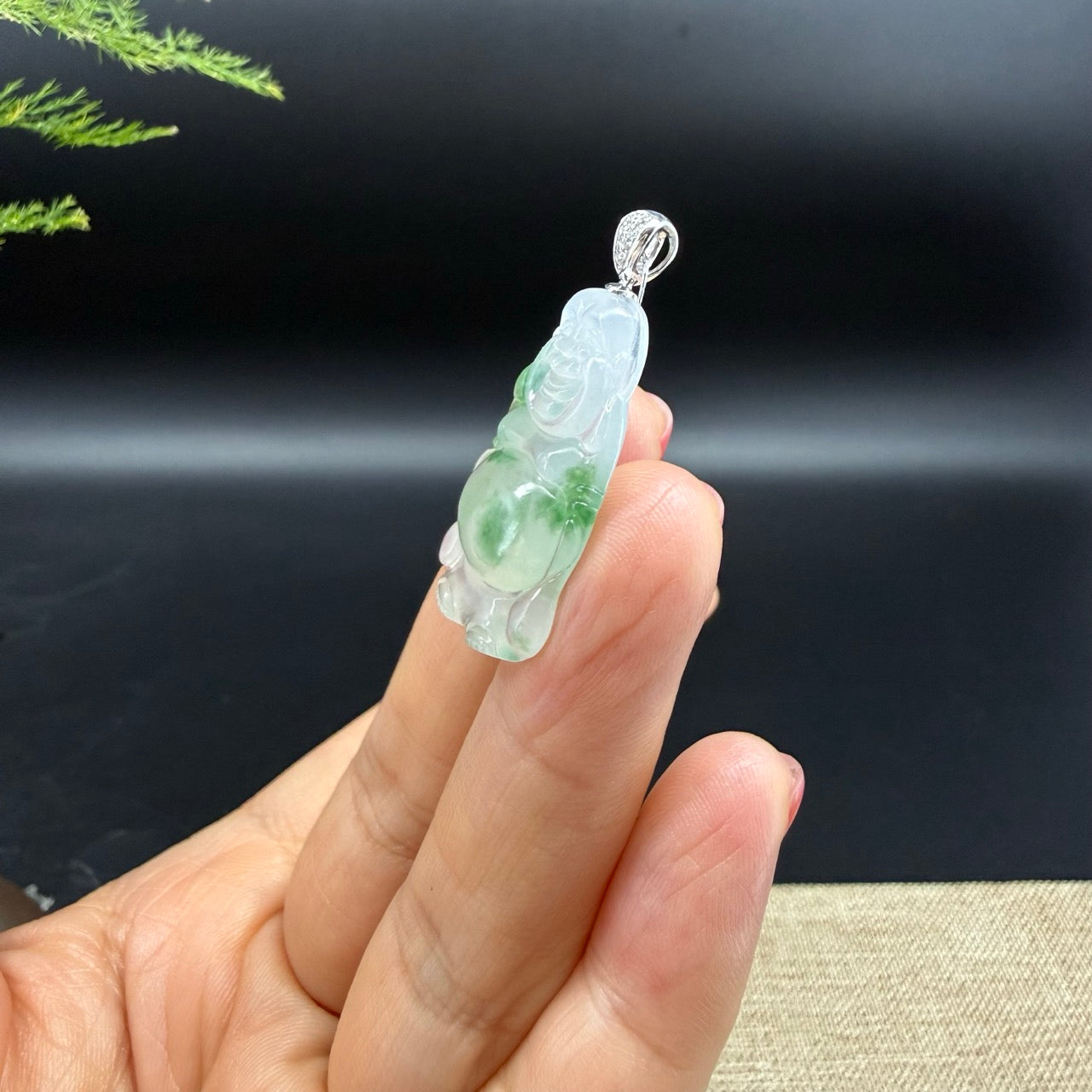 18K White Gold Burmese Icy Spicy Green Jadeite Jade Happy Buddha Pendant