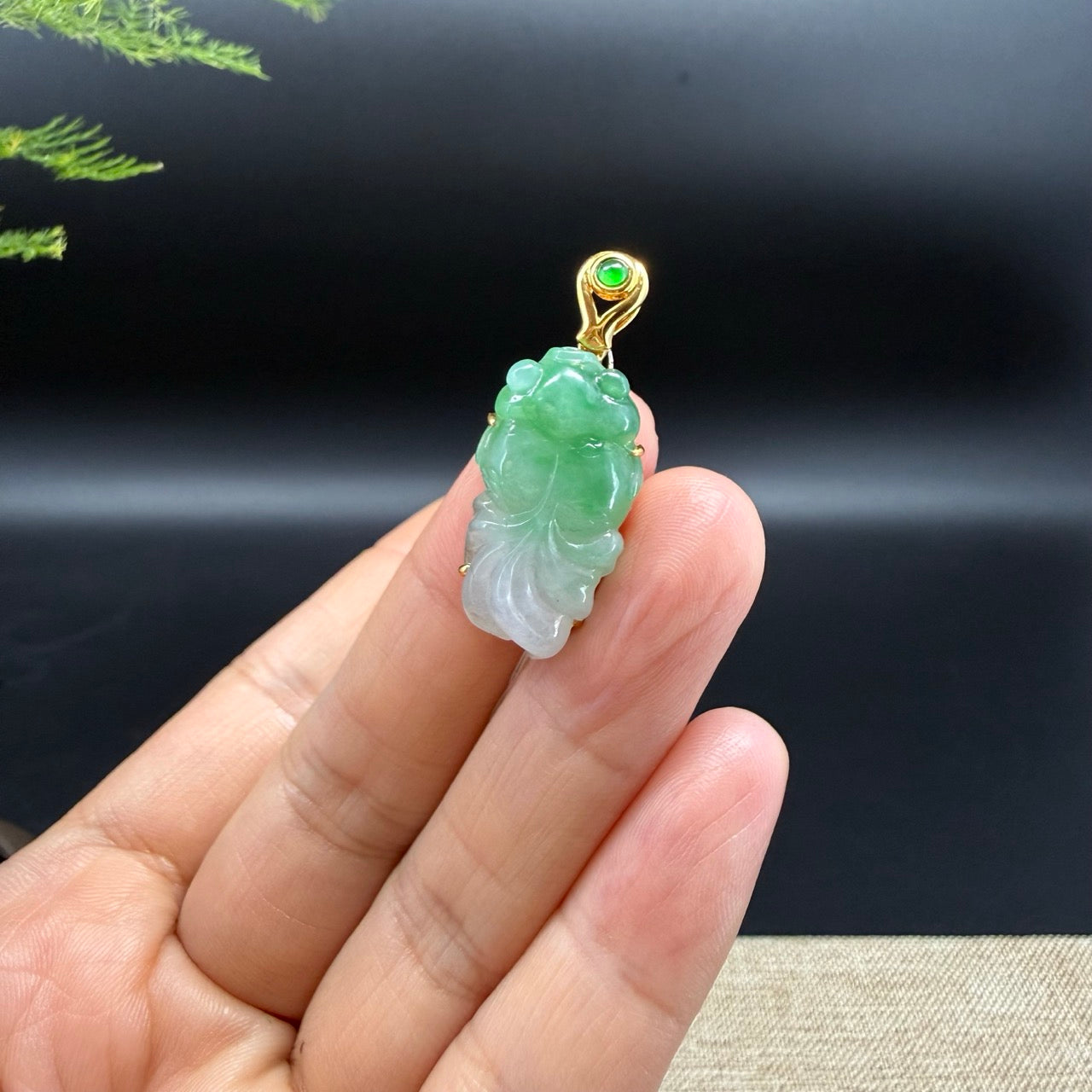 RealJade® Co. 18K Yellow Gold Genuine White Green(BDQ) Jadeite Jade Gold Fish Necklace