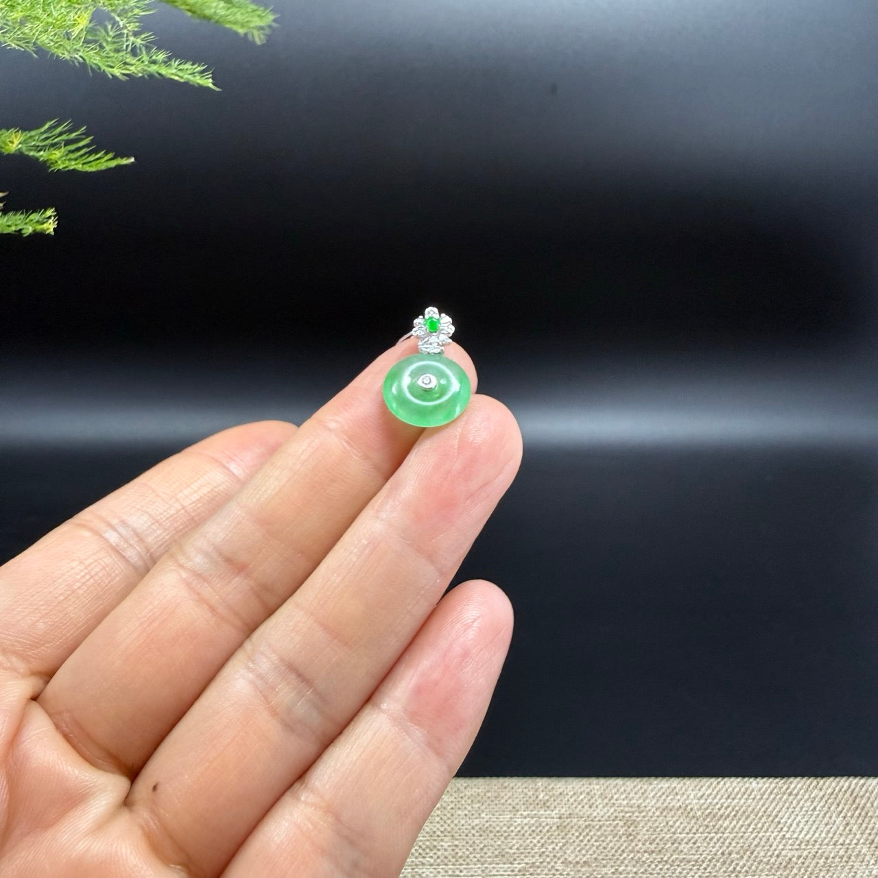 "Good Luck Button" Green Jadeite Jade Lucky KouKou Pendant With 18K White Gold Bail