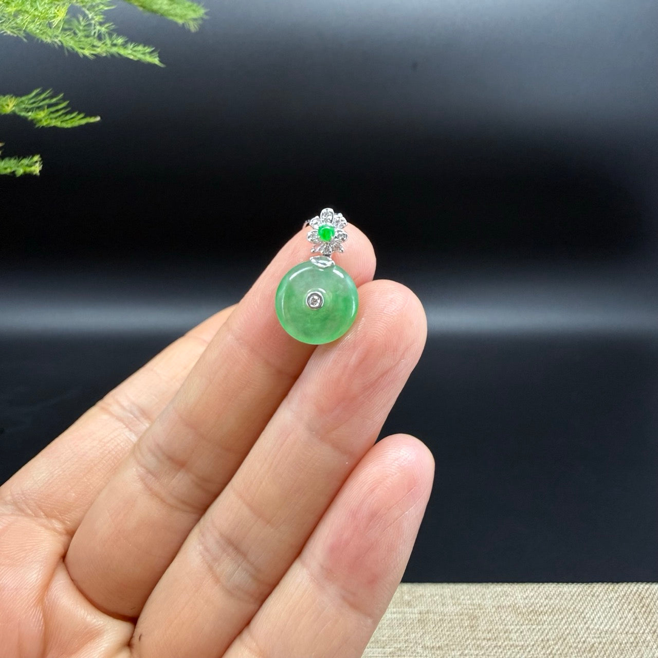 "Good Luck Button" Green Jadeite Jade Lucky KouKou Pendant With 18K White Gold Bail