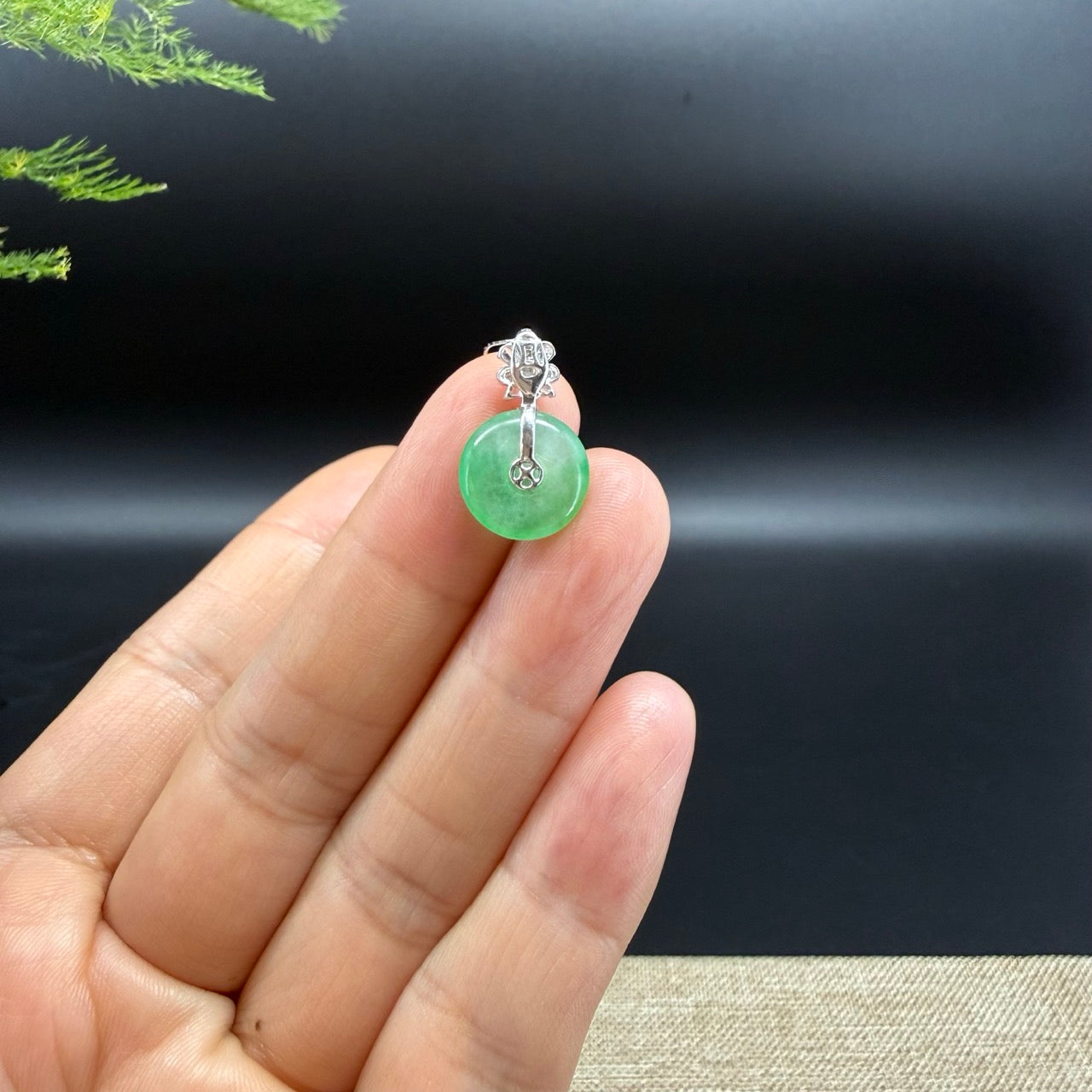 "Good Luck Button" Green Jadeite Jade Lucky KouKou Pendant With 18K White Gold Bail