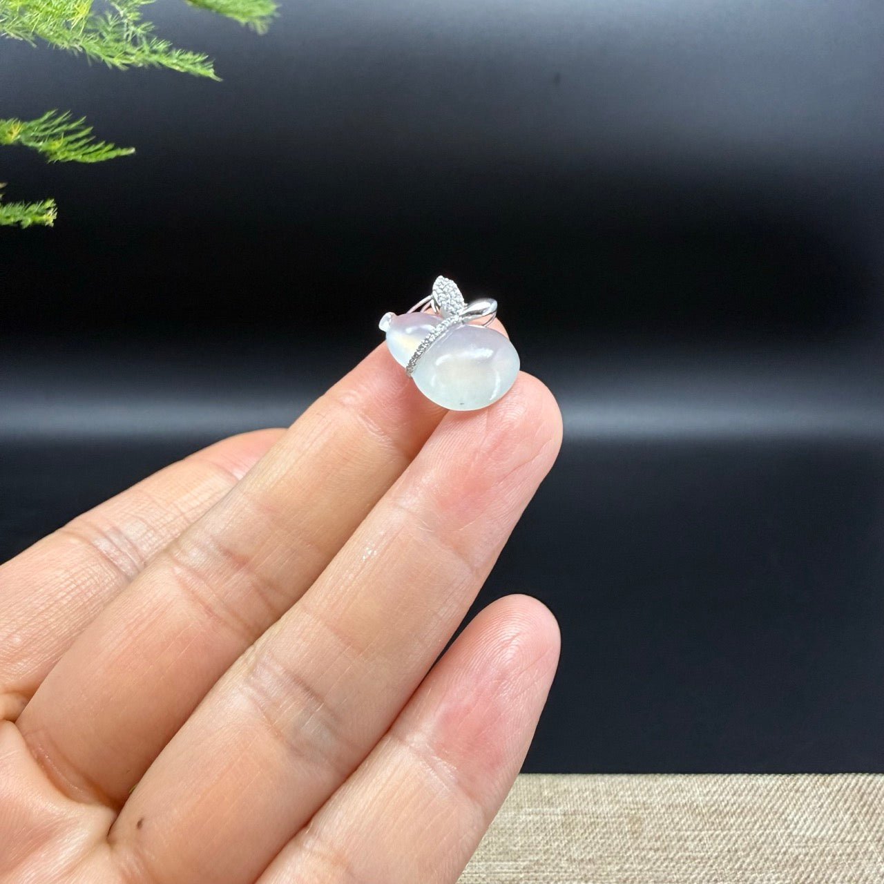 Genuine Icy Jadeite Jade Good Luck Hulu Necklace With 18K White Gold Diamonds Bail