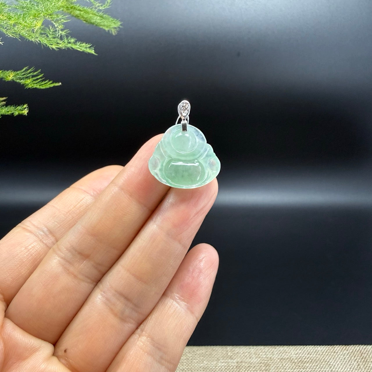 18K White Gold Burmese Icy Apple Green Jadeite Jade Happy Buddha Pendant