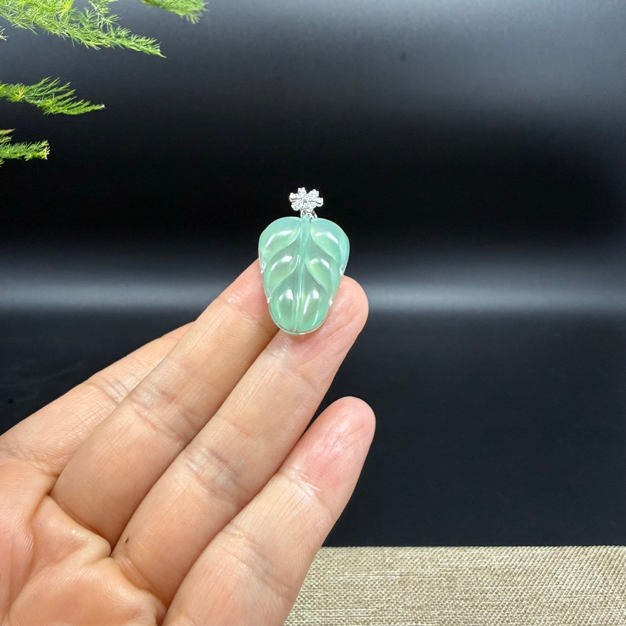 RealJade® Co. Genuine Icy Green Jadeite Jade Jin Zhi Yu Ye (Leaf) Necklace With 18K White Gold Diamonds Bail