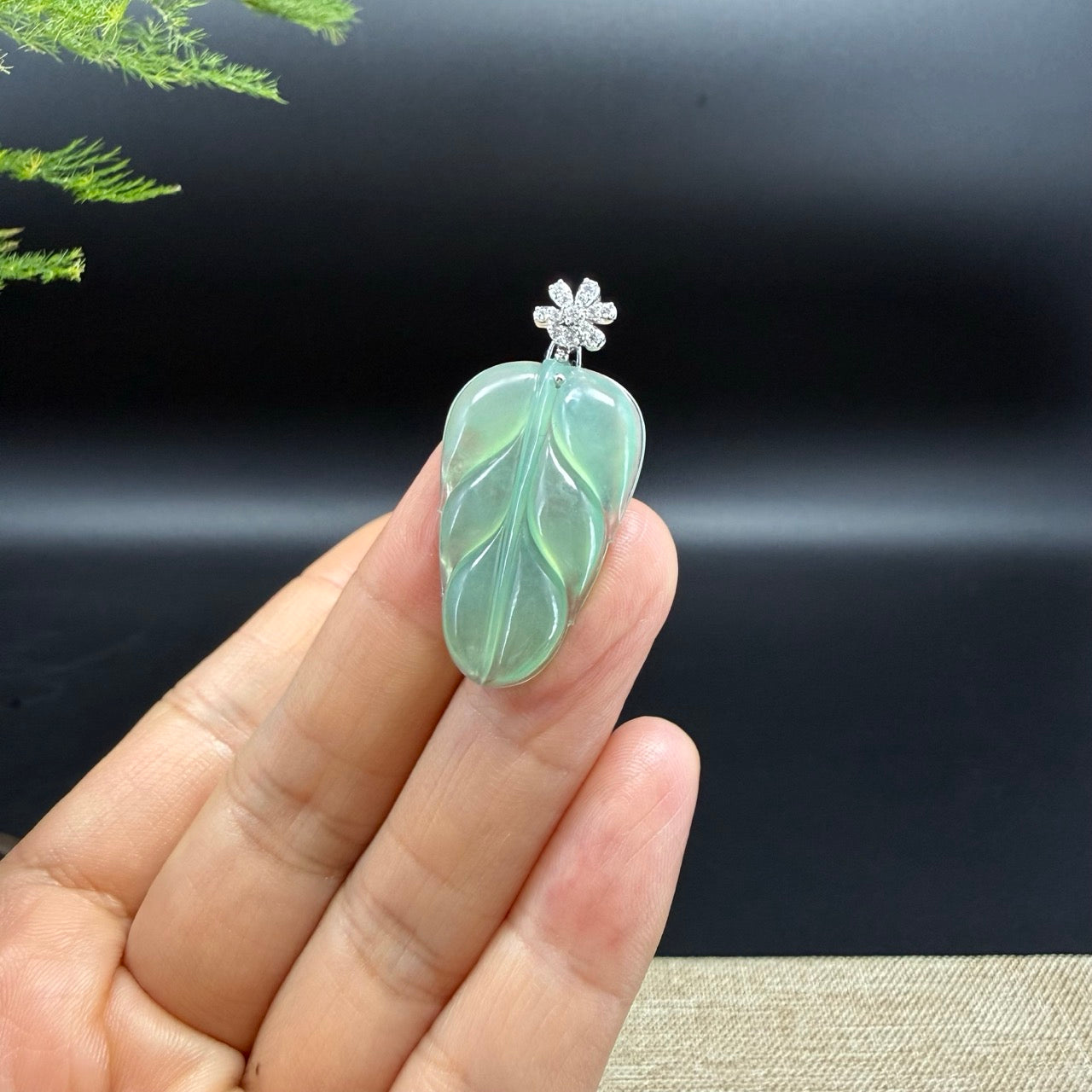 RealJade® Co. Genuine Icy Green Jadeite Jade Jin Zhi Yu Ye (Leaf) Necklace With 18K White Gold Diamonds Bail
