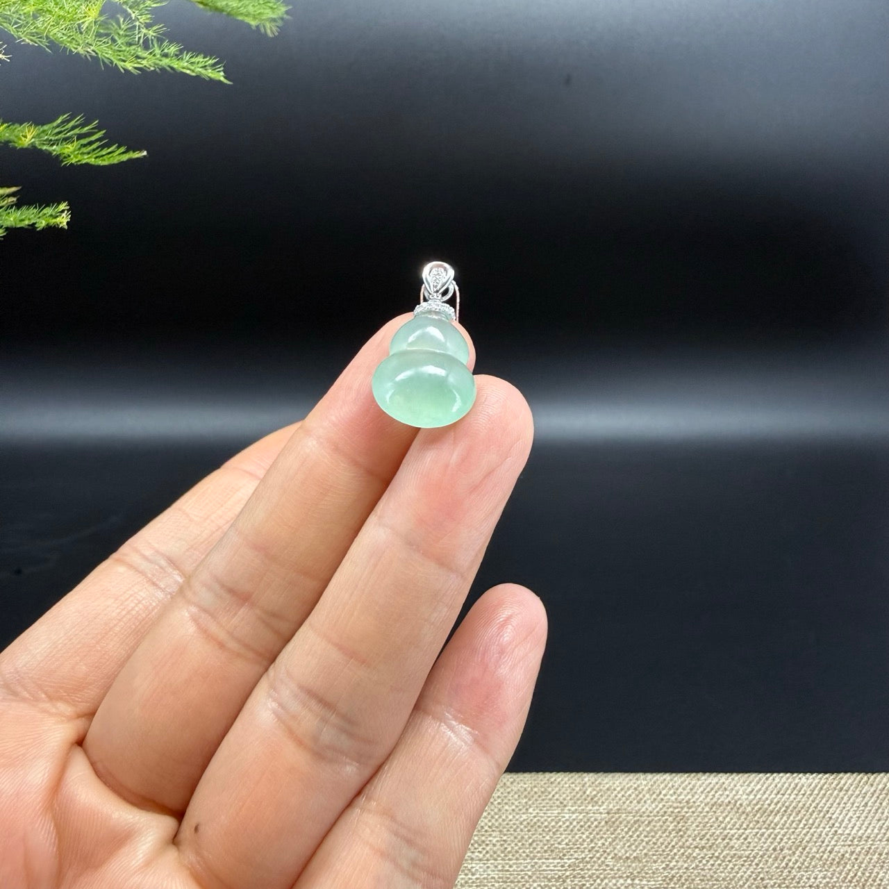 Genuine Icy Green Jadeite Jade Good Luck Hulu Necklace With 18K White Gold Diamonds Bail
