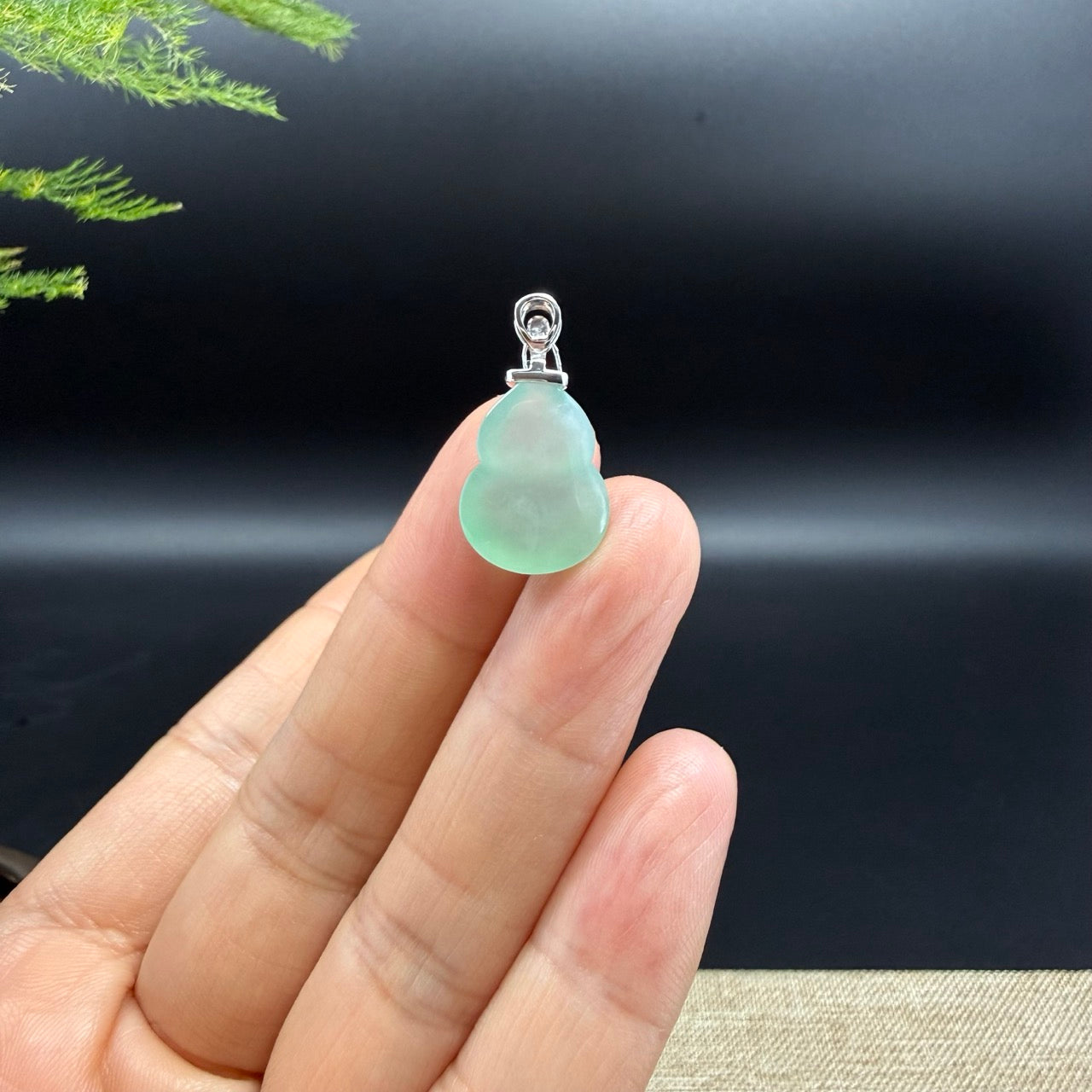 Genuine Icy Green Jadeite Jade Good Luck Hulu Necklace With 18K White Gold Diamonds Bail